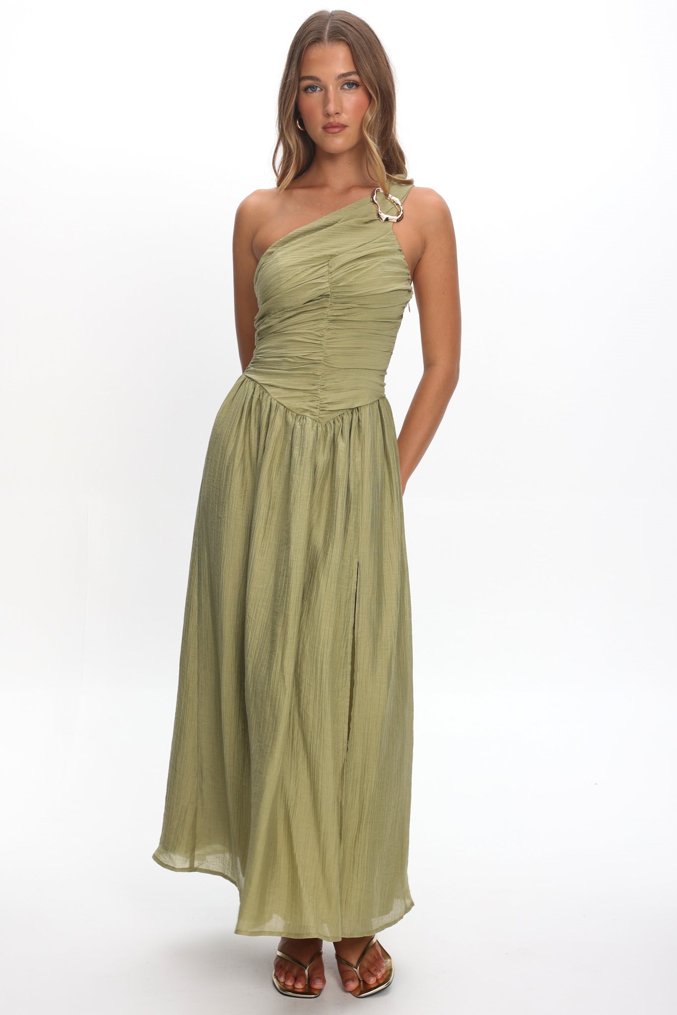 Shop the Andrina One-Shoulder Ruched Maxi Dress Olive