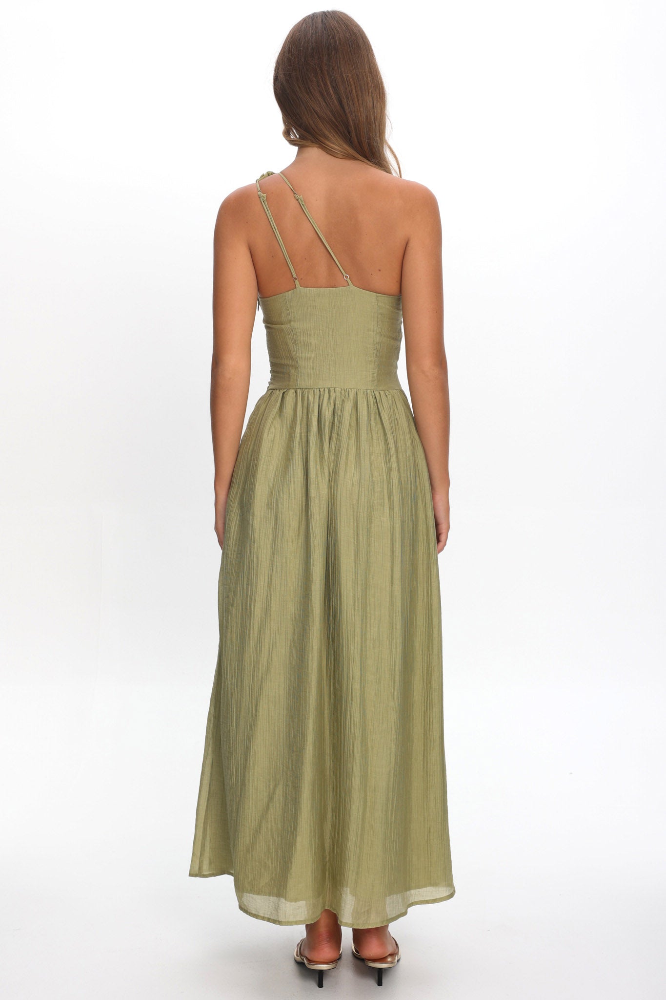 Andrina One-Shoulder Ruched Maxi Dress Olive Selfie Leslie Andrina One-Shoulder Ruched Maxi Dress Olive Selfie Leslie