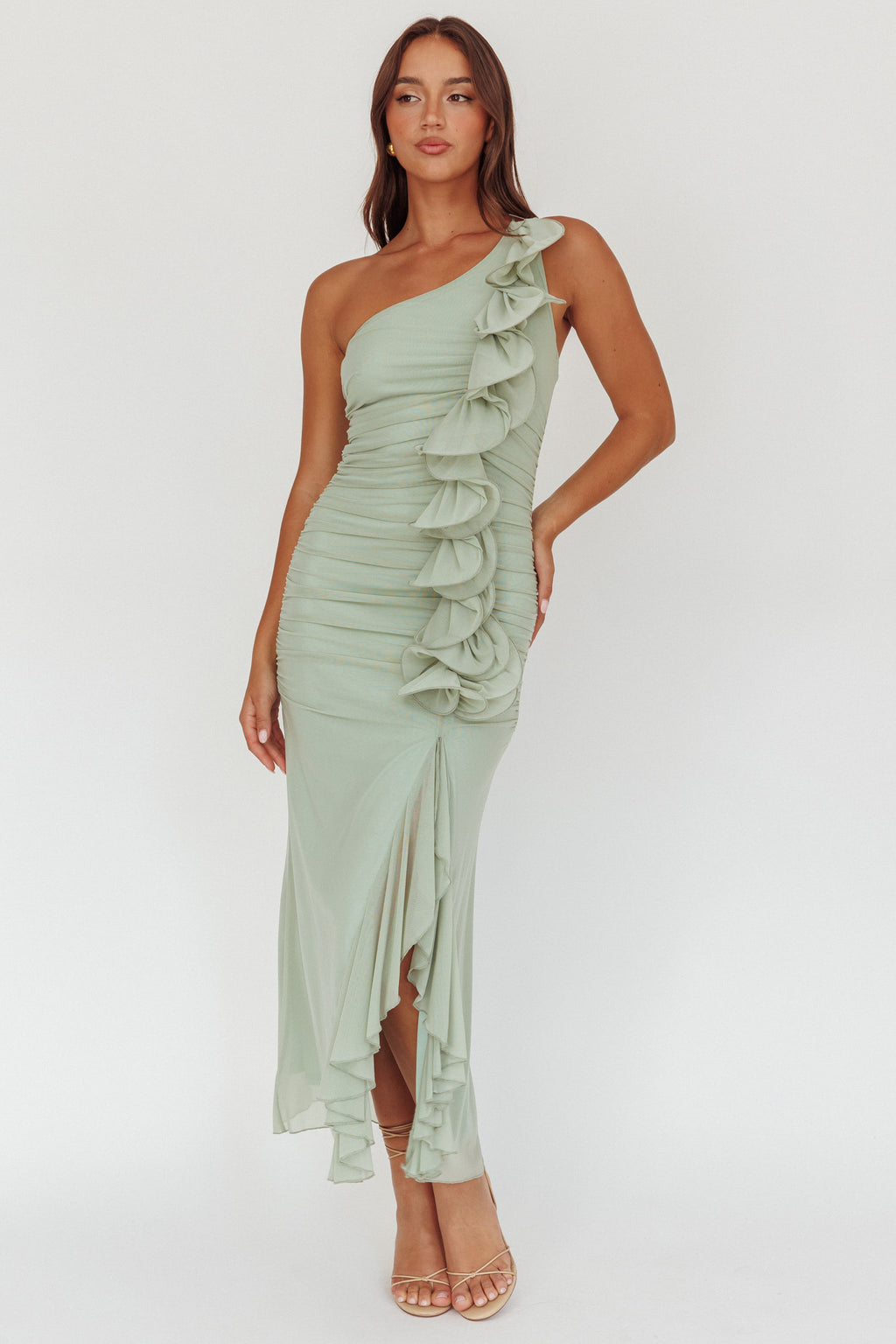 Haven One-Shoulder Ruffle Accent Maxi Dress Sage by Selfie Leslie