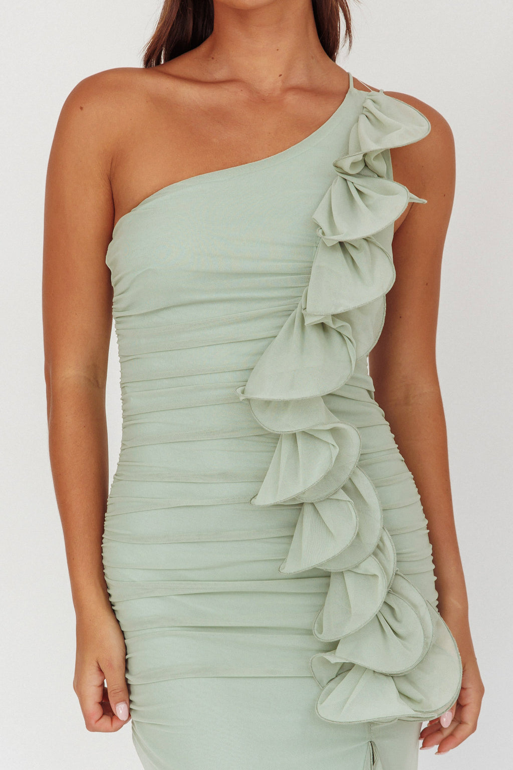 Haven One-Shoulder Ruffle Accent Maxi Dress Sage by Selfie Leslie