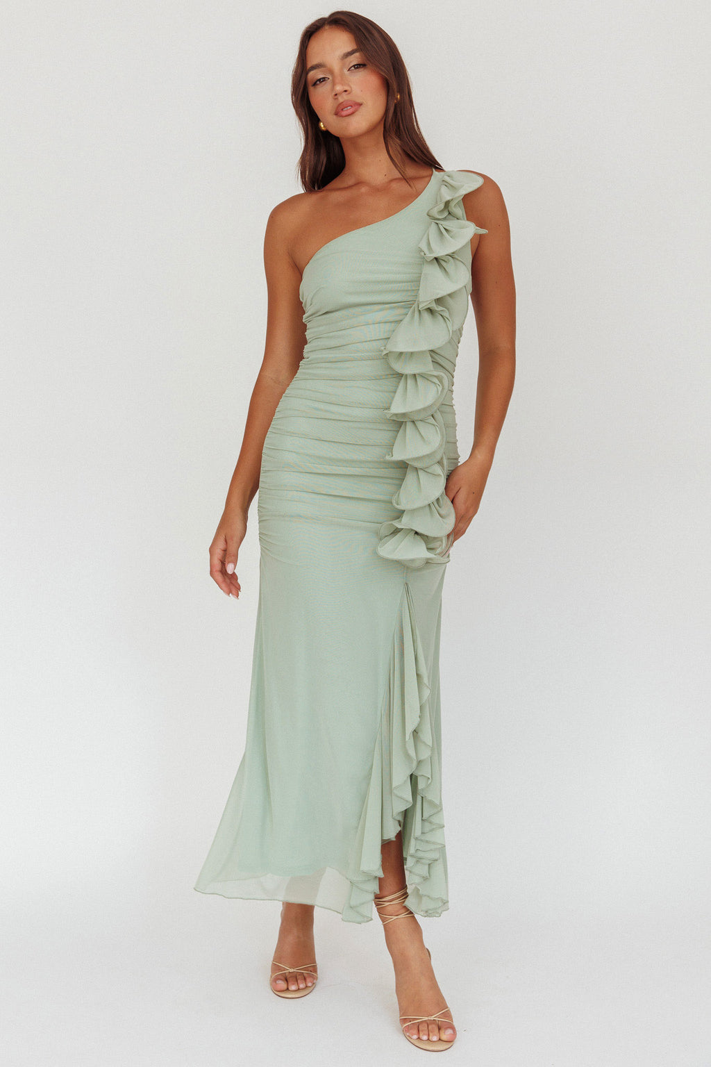 Haven One-Shoulder Ruffle Accent Maxi Dress Sage by Selfie Leslie