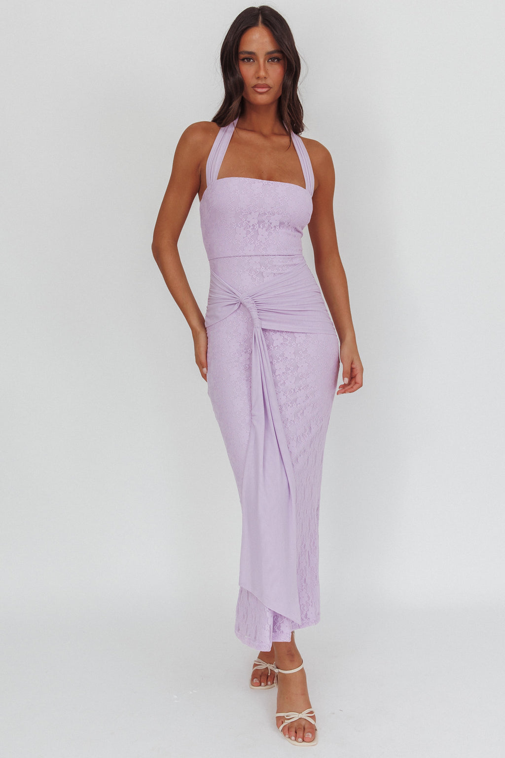 halter top purple dress Melodie Knit Maxi / | MESHKI Pair it with nude heels and your favorite statement jewelry to complete your ensemble Luli Waist Sash Halter Maxi