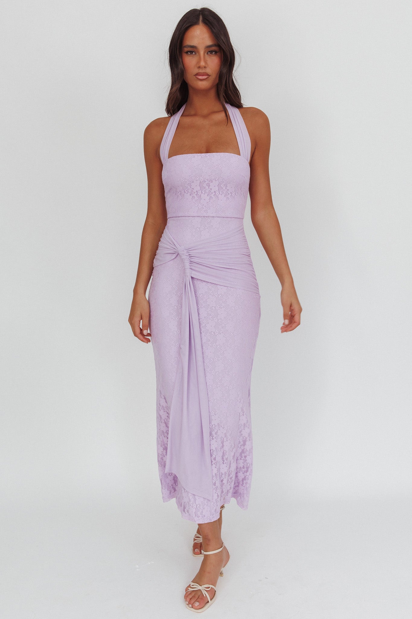 Luli Waist Sash Halter Maxi Dress Lace Lilac - L Luli Waist Sash Halter Maxi Dress Lace Lilac - L