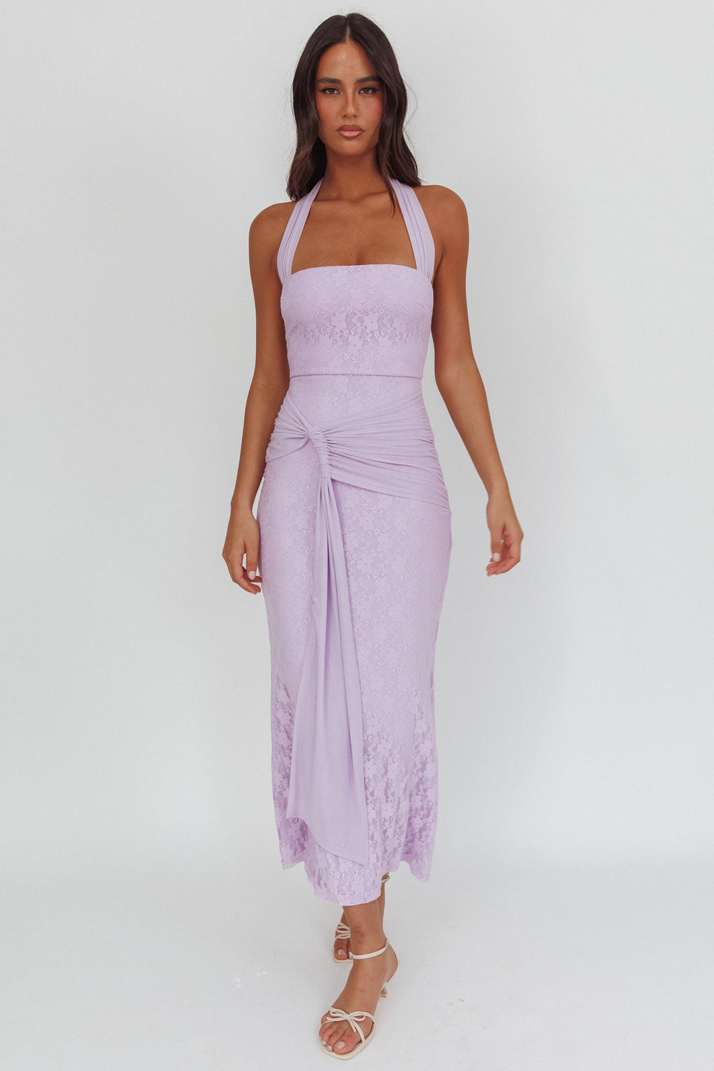 Luli Waist Sash Halter Maxi Dress Lace Lilac - L