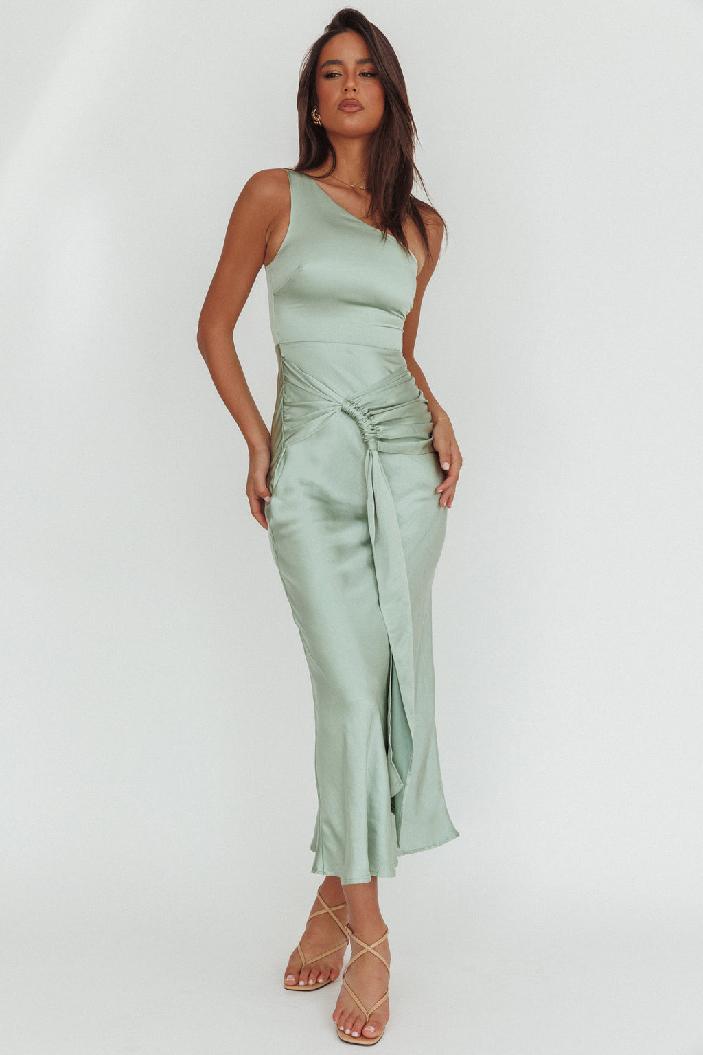 Luli One-Shoulder Waist Sash Maxi Dress Sage by Selfie Leslie