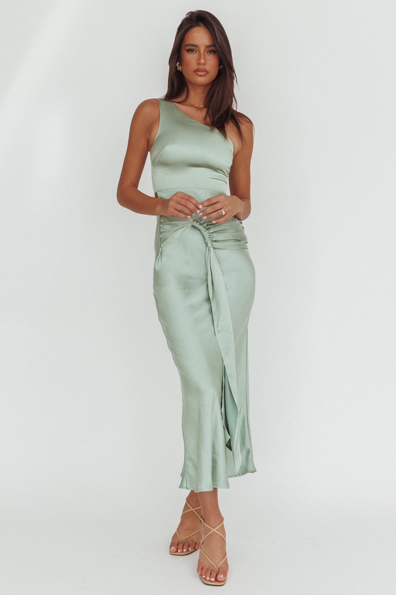 Luli One-Shoulder Waist Sash Maxi Dress Sage by Selfie Leslie