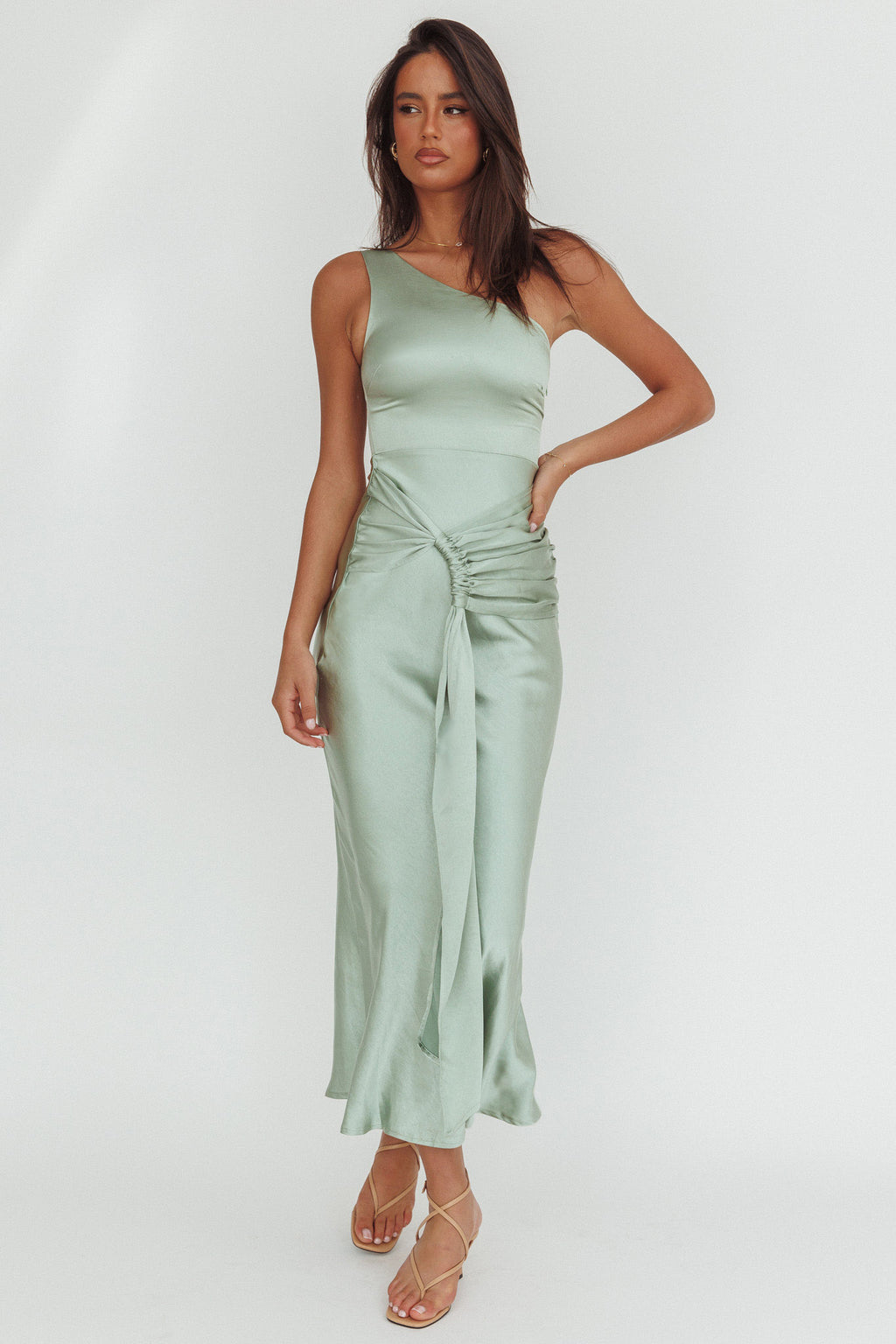 Luli One-Shoulder Waist Sash Maxi Dress Sage by Selfie Leslie