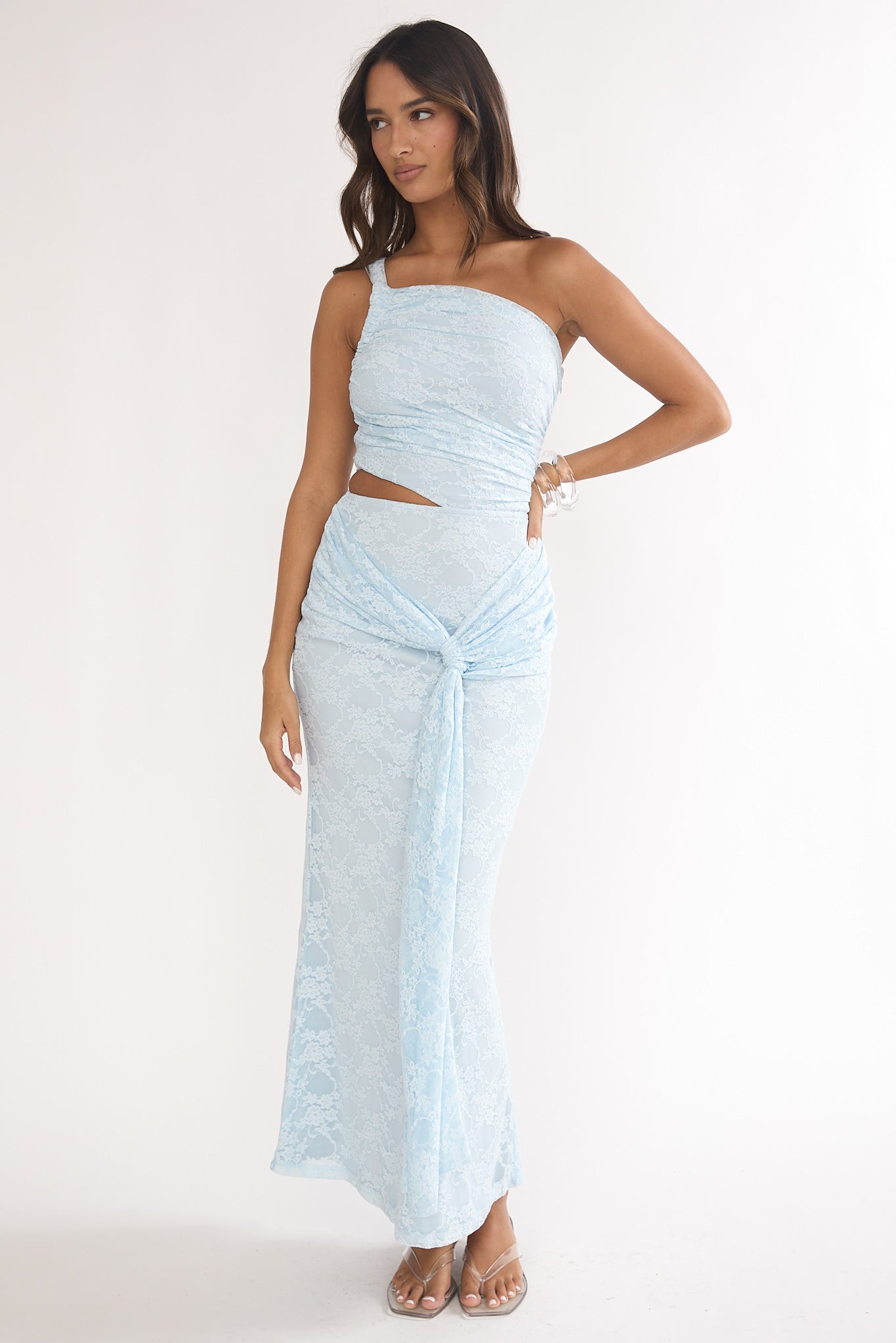 Luli One-Shoulder Cut-Out Maxi Dress Textured Light Blue - XL Luli One-Shoulder Cut-Out Maxi Dress Textured Light Blue - XL