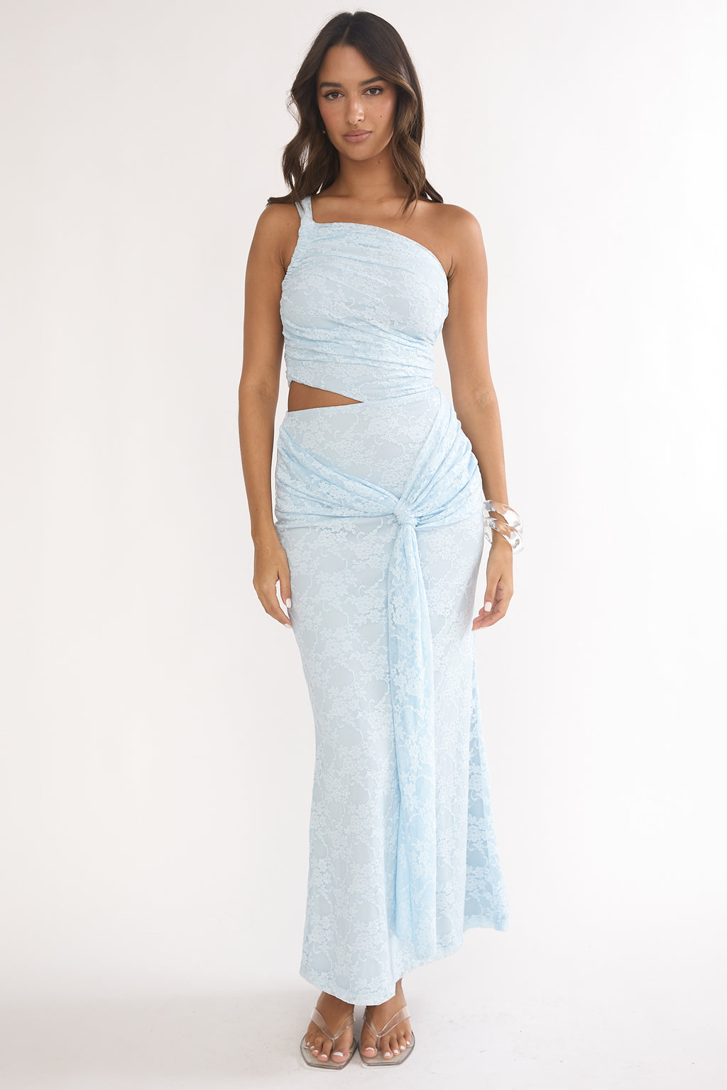 Luli One-Shoulder Cut-Out Maxi Dress Textured Light Blue by Selfie Leslie