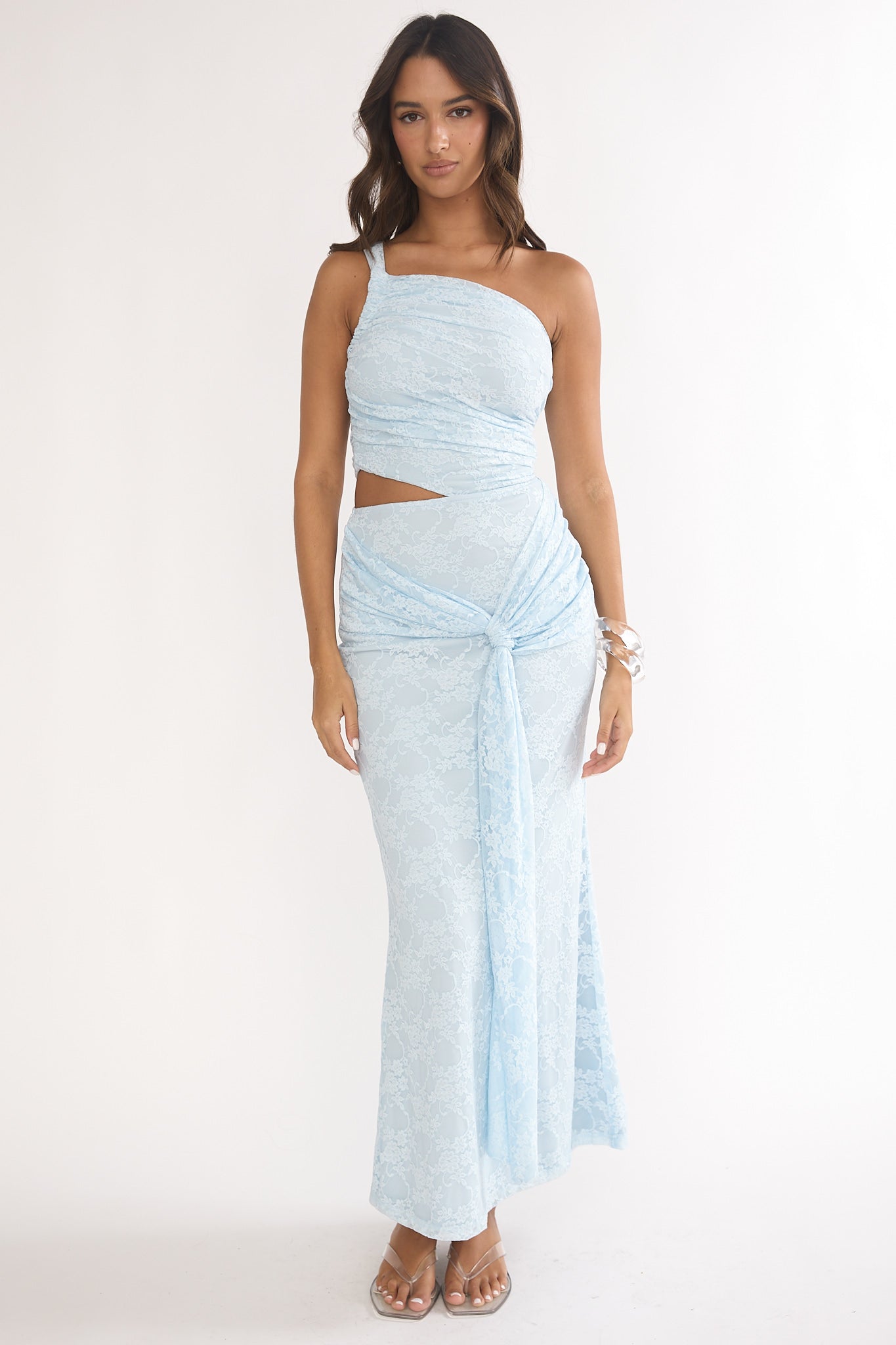 Luli One-Shoulder Cut-Out Maxi Dress Textured Light Blue by Selfie Leslie