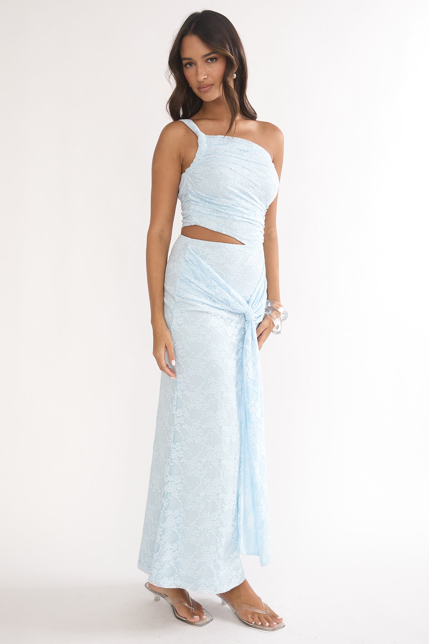 one shoulder cut out dress Luli One-Shoulder Cut-Out Maxi Dress Textured Light Blue
