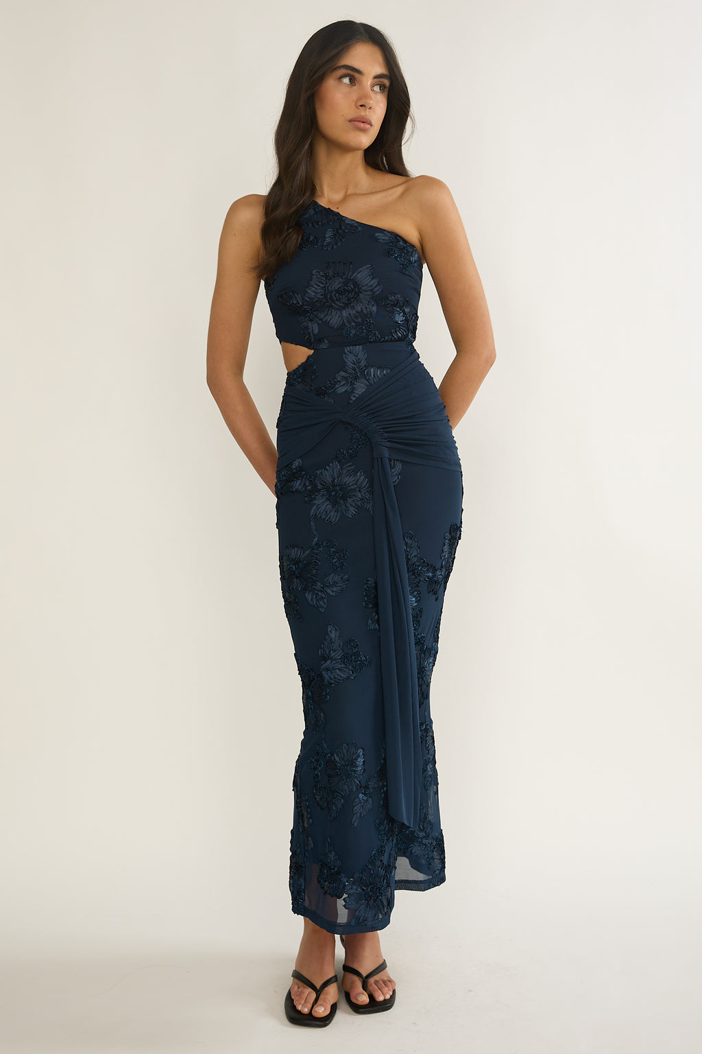 Luli One-Shoulder Cut-Out Maxi Dress Textured Navy by Selfie Leslie