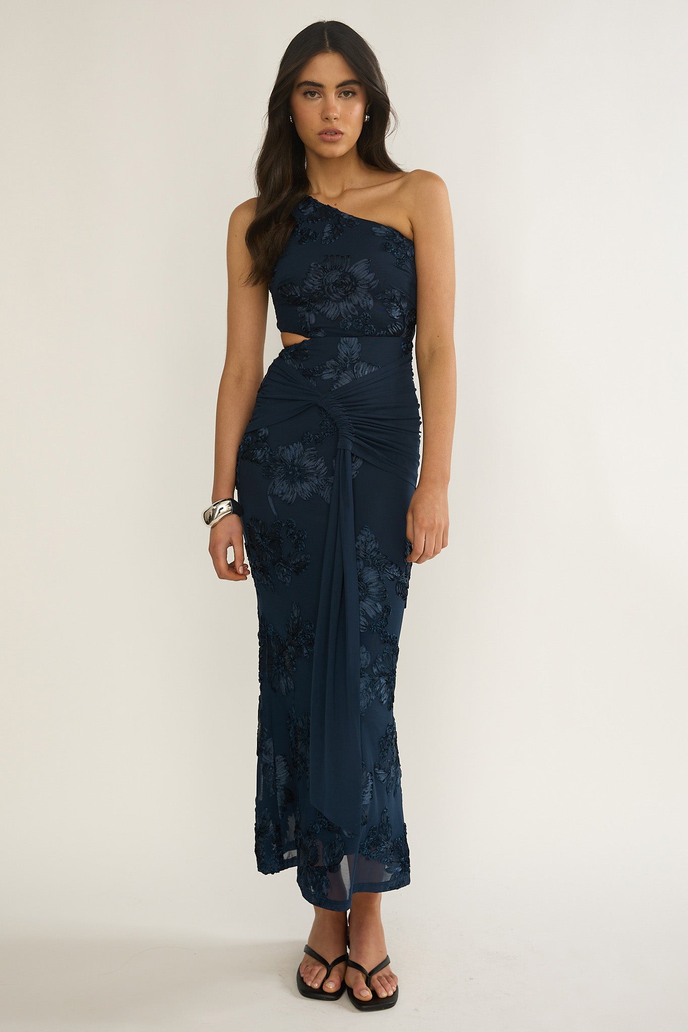 Luli One-Shoulder Cut-Out Maxi Dress Textured Navy by Selfie Leslie