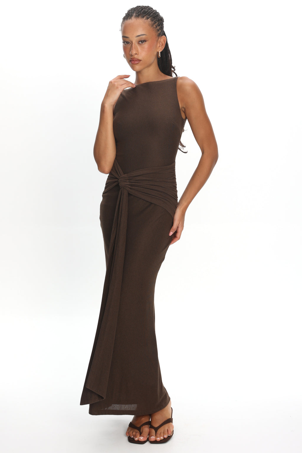 Luli Boat Neck Sash Maxi Dress Chocolate