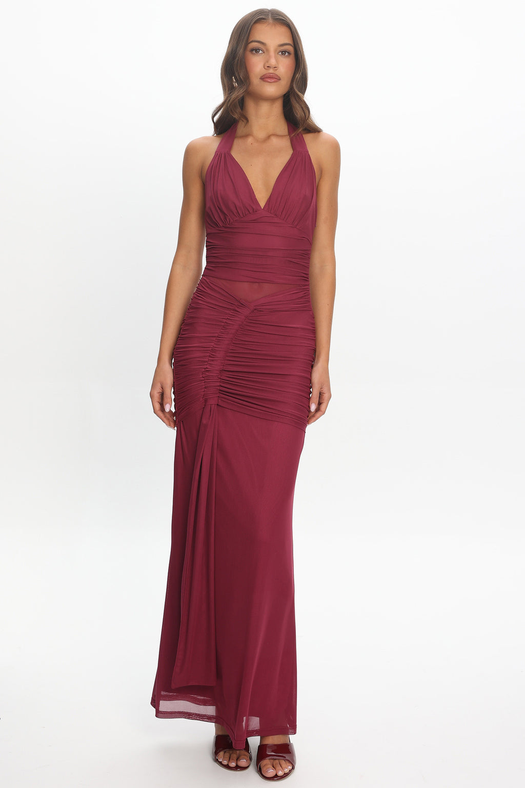 Luli Ruched Halterneck Maxi Dress Burgundy