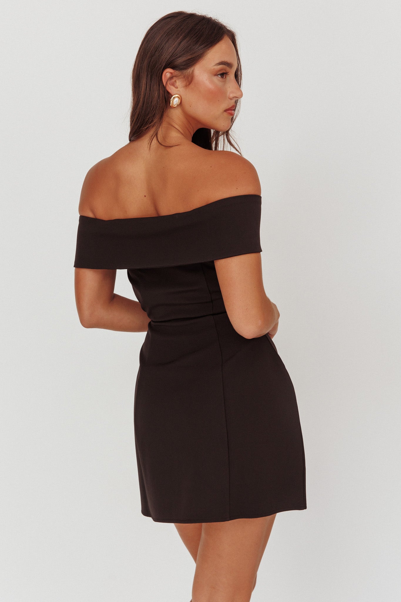 Midnight Moment Off-Shoulder Crossover Mini Dress Black by Selfie Leslie
