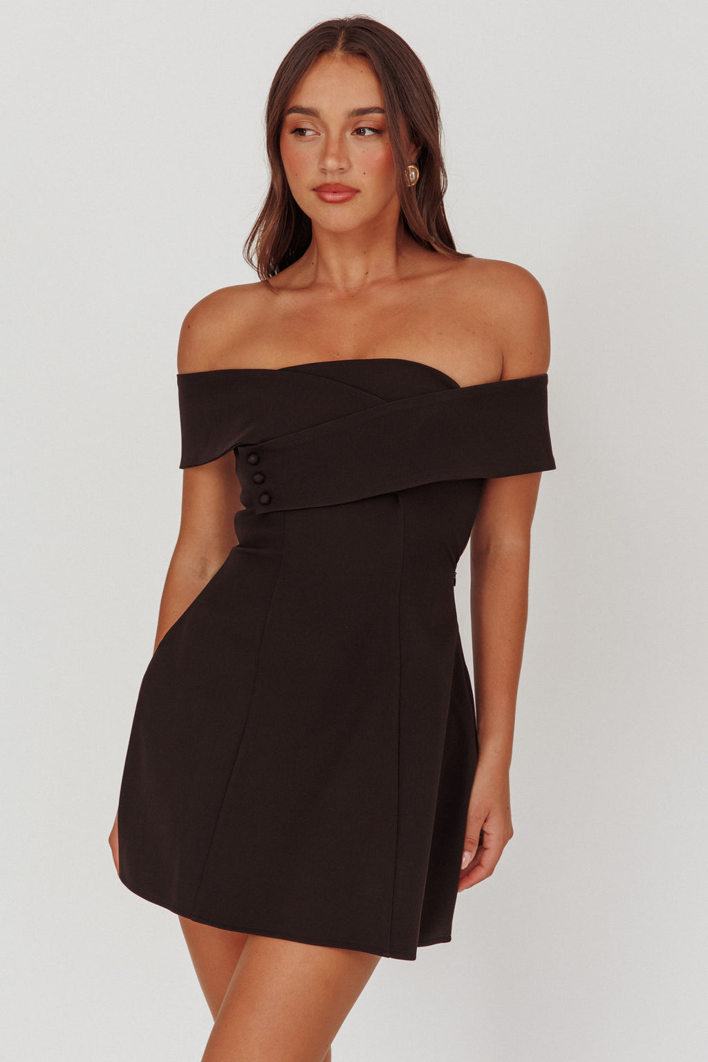 Midnight Moment Off-Shoulder Crossover Mini Dress Black by Selfie Leslie