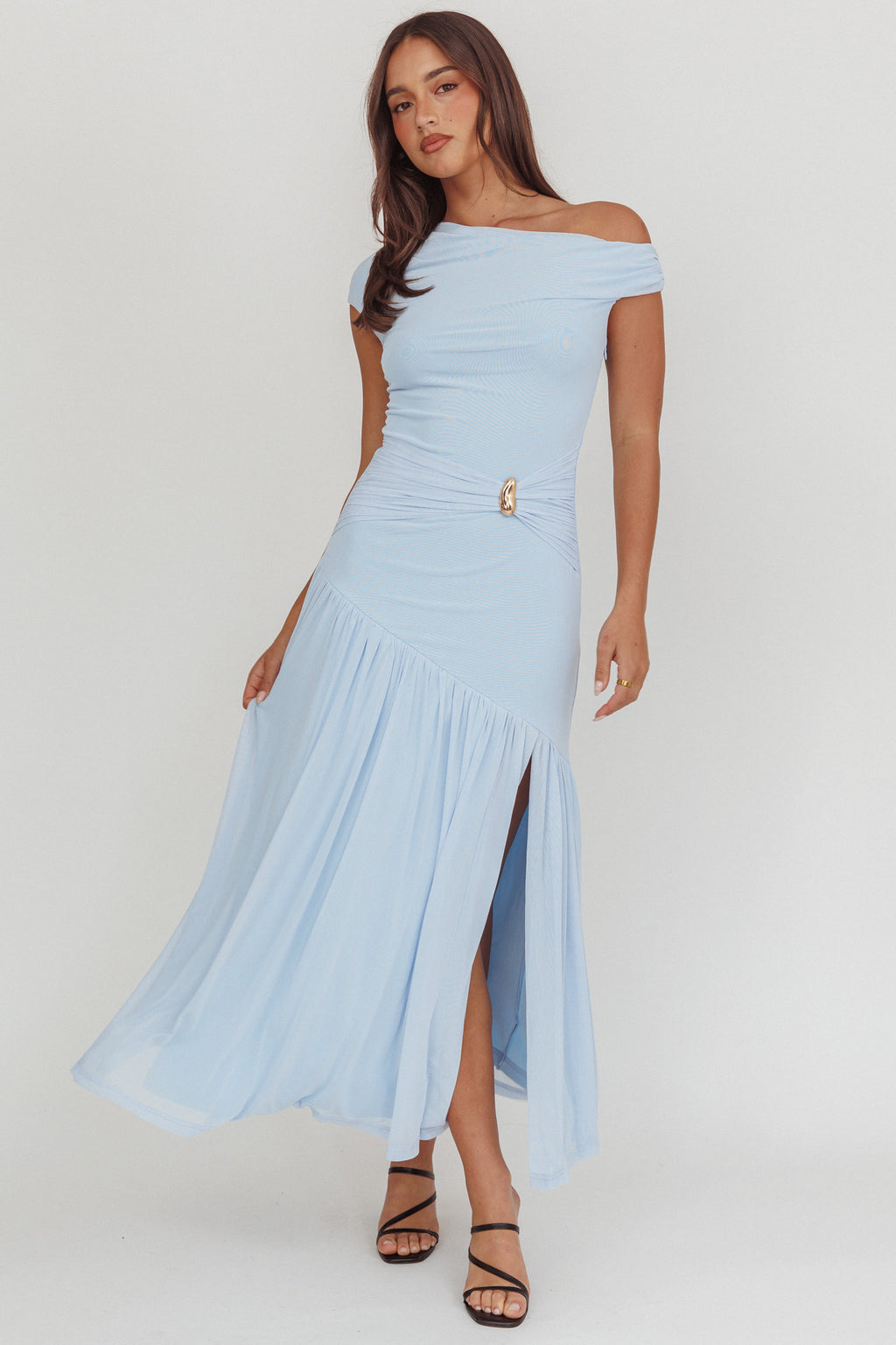 Azure Sun Asymmetric Neckline Split Maxi Dress Blue by Selfie Leslie