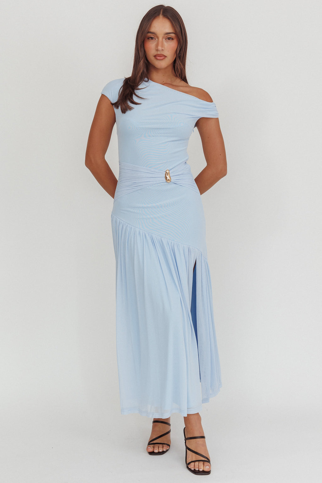 Azure Sun Asymmetric Neckline Split Maxi Dress Blue by Selfie Leslie