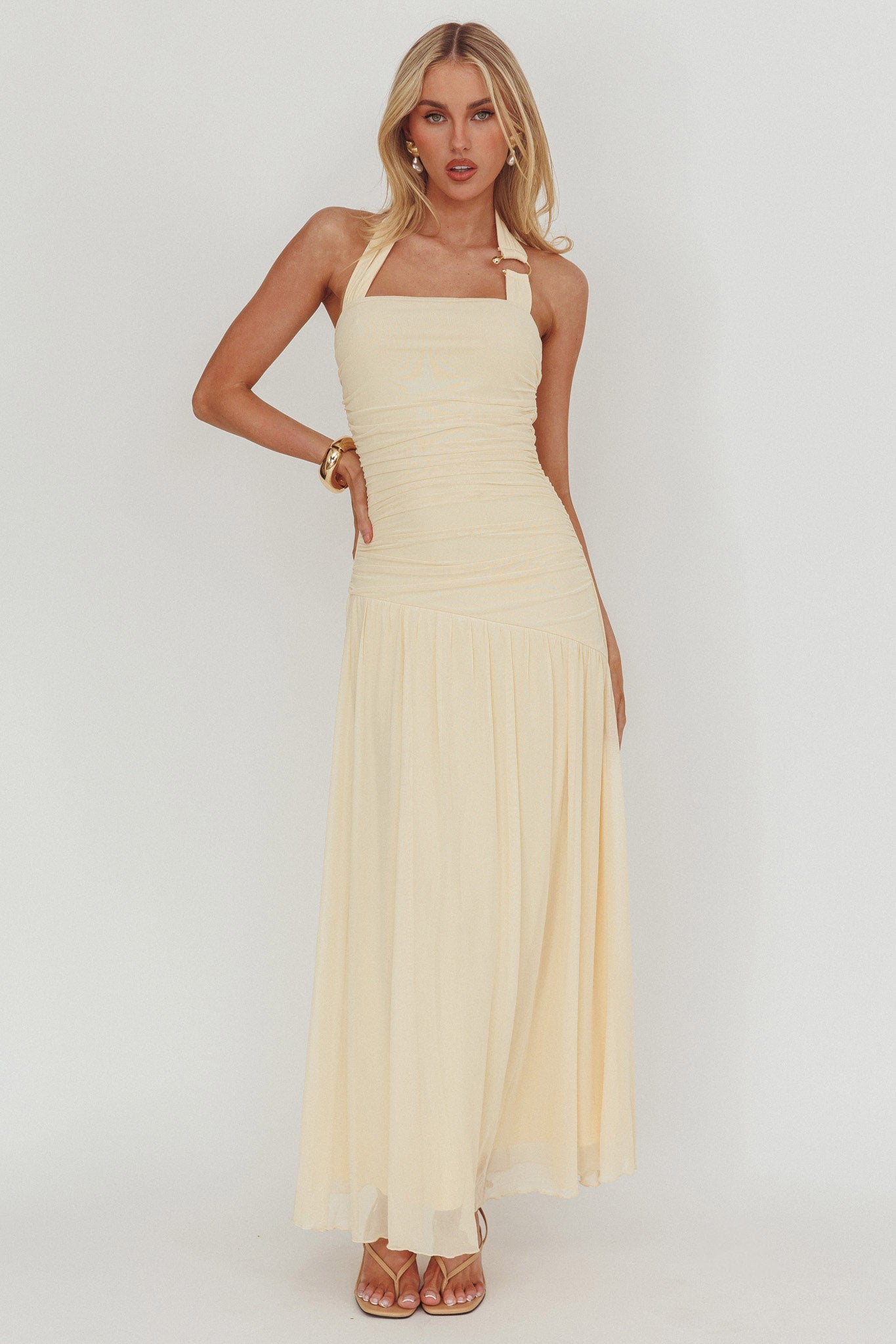Azure Sun Halterneck Drop Waist Maxi Dress Yellow by Selfie Leslie