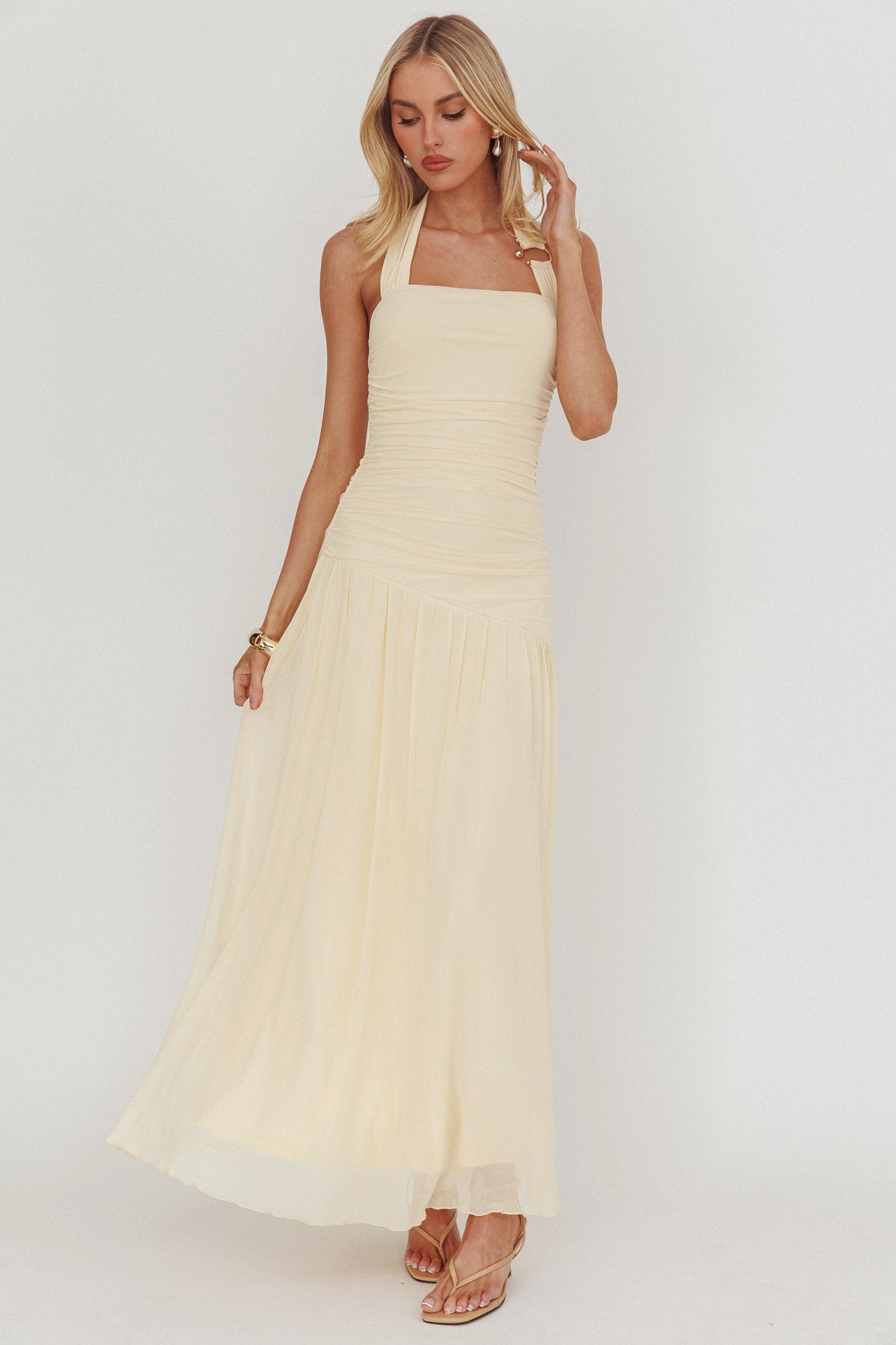 Azure Sun Halterneck Drop Waist Maxi Dress Yellow Selfie Leslie Azure Sun Halterneck Drop Waist Maxi Dress Yellow Selfie Leslie