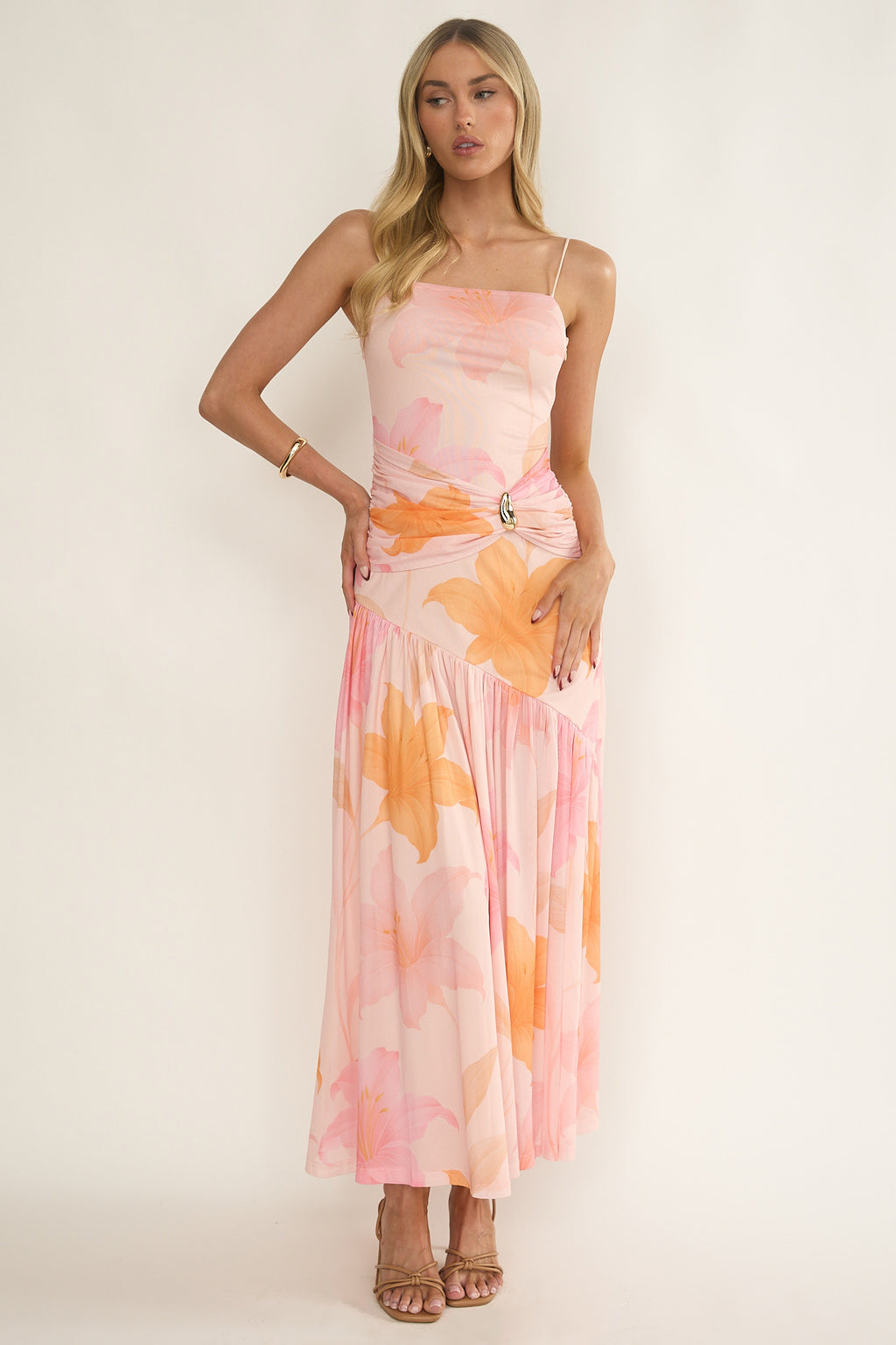 Azure Sun Drop Waist Split Maxi Dress Print Orange by Selfie Leslie
