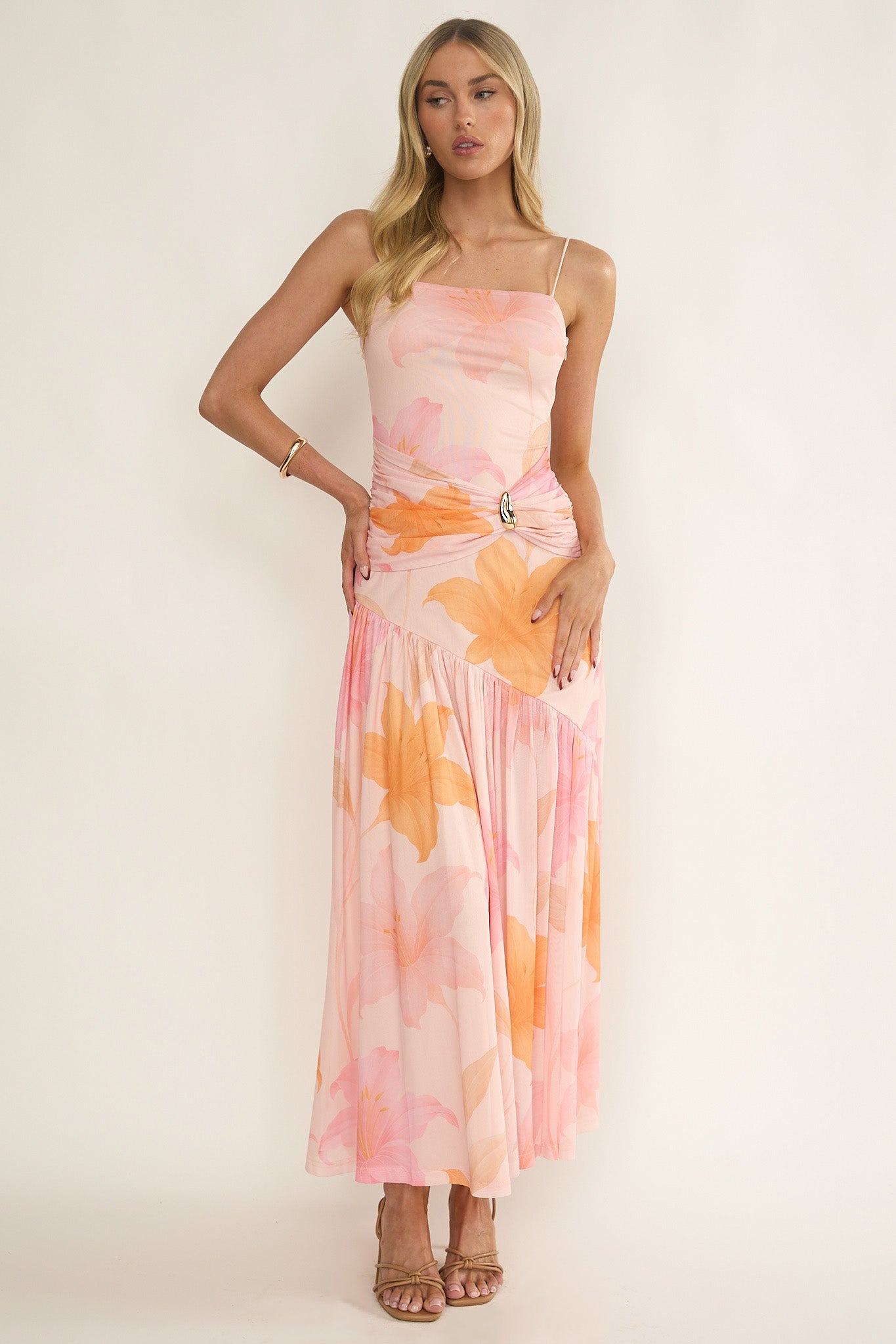 Azure Sun Drop Waist Split Maxi Dress Print Orange by Selfie Leslie