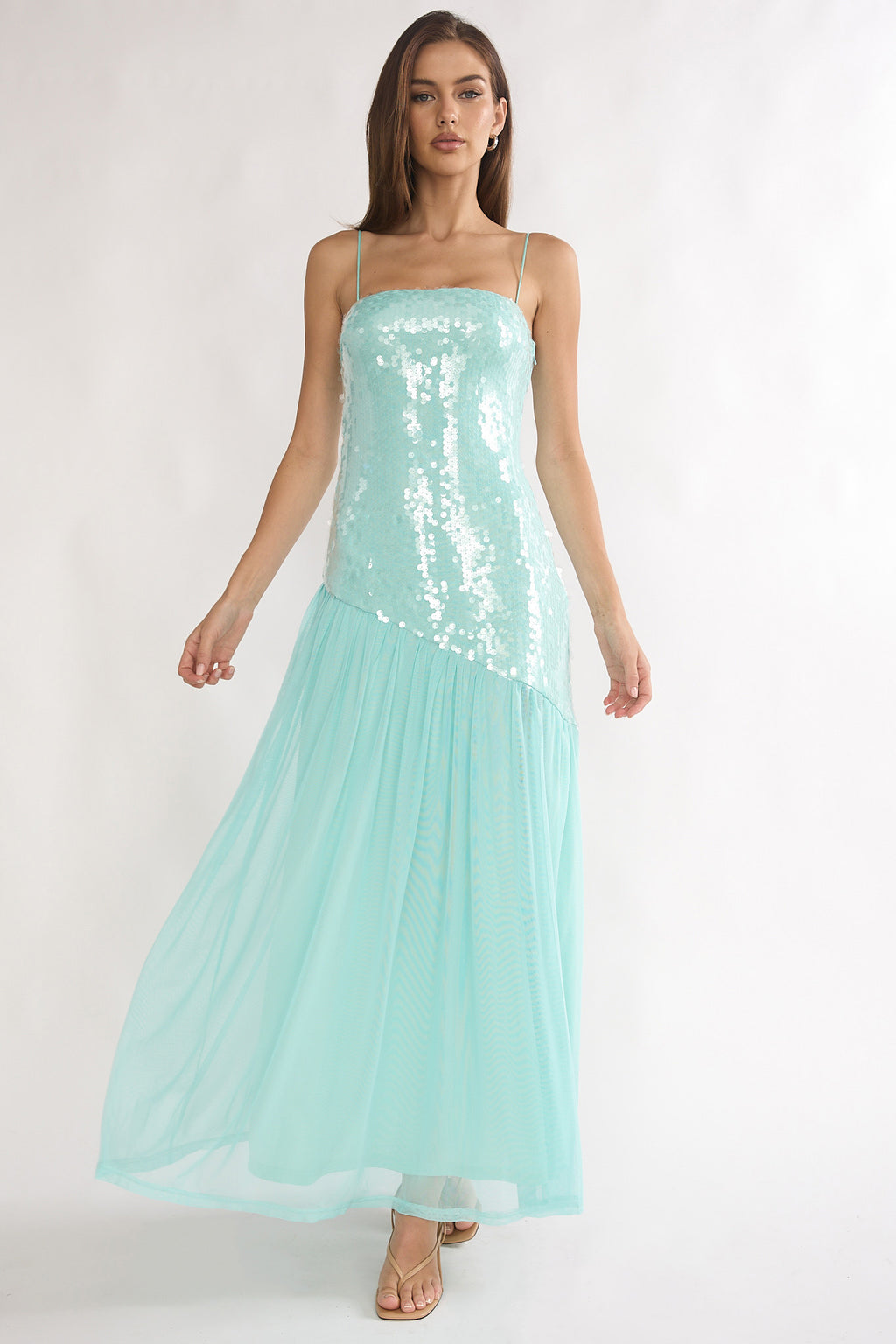 Azure Sun Drop Waist Split Maxi Dress Sequin Aqua - XL