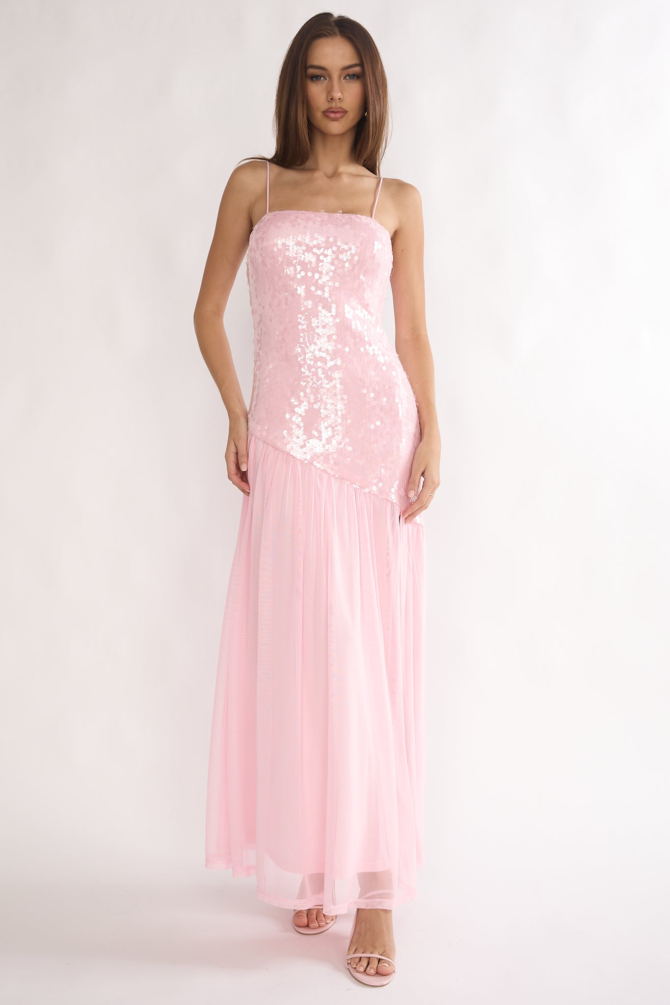 Azure Sun Drop Waist Split Maxi Dress Sequin Pink | Selfie Leslie