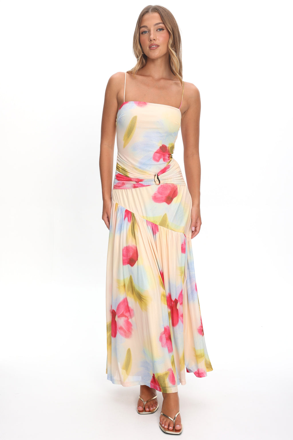 Azure Sun Drop Waist Split Maxi Dress Floral by Selfie Leslie