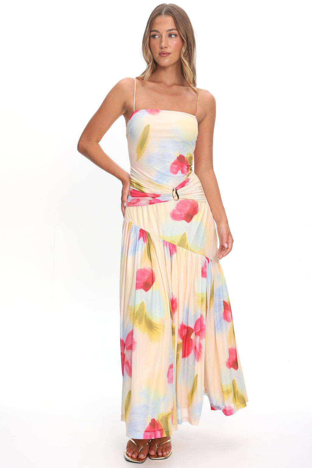 Azure Sun Drop Waist Split Maxi Dress Floral by Selfie Leslie