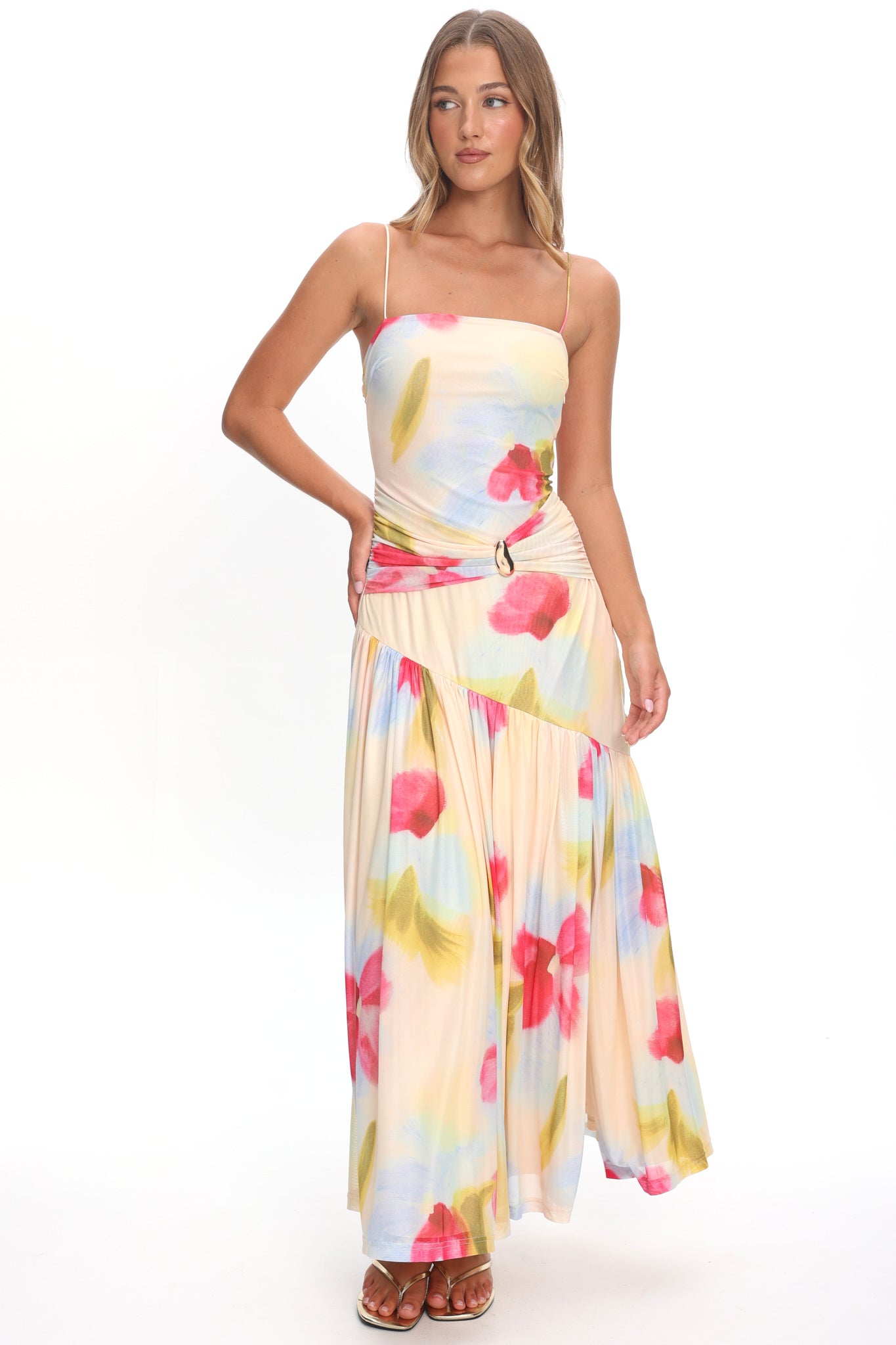 Azure Sun Drop Waist Split Maxi Dress Floral by Selfie Leslie