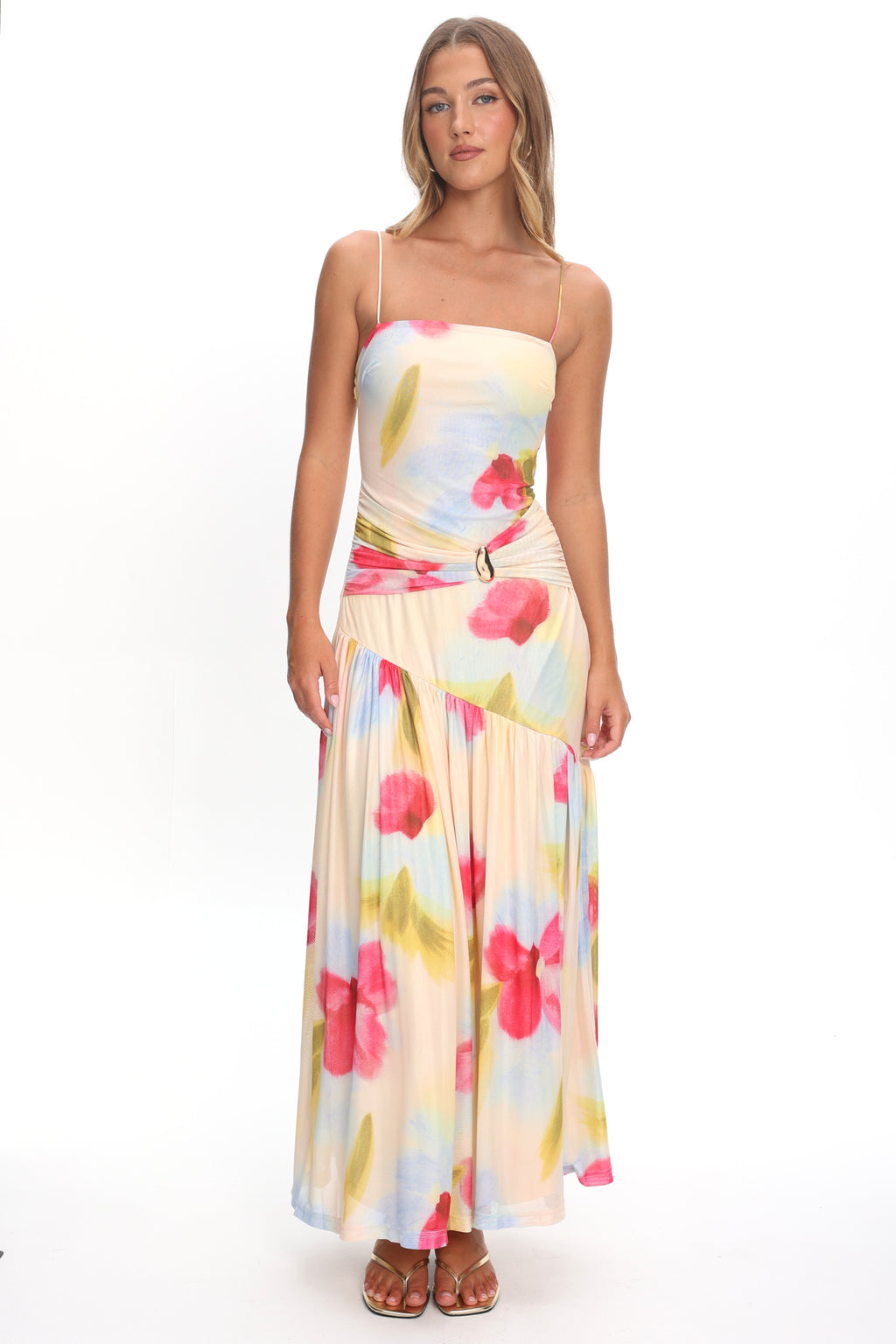 Azure Sun Drop Waist Split Maxi Dress Floral by Selfie Leslie