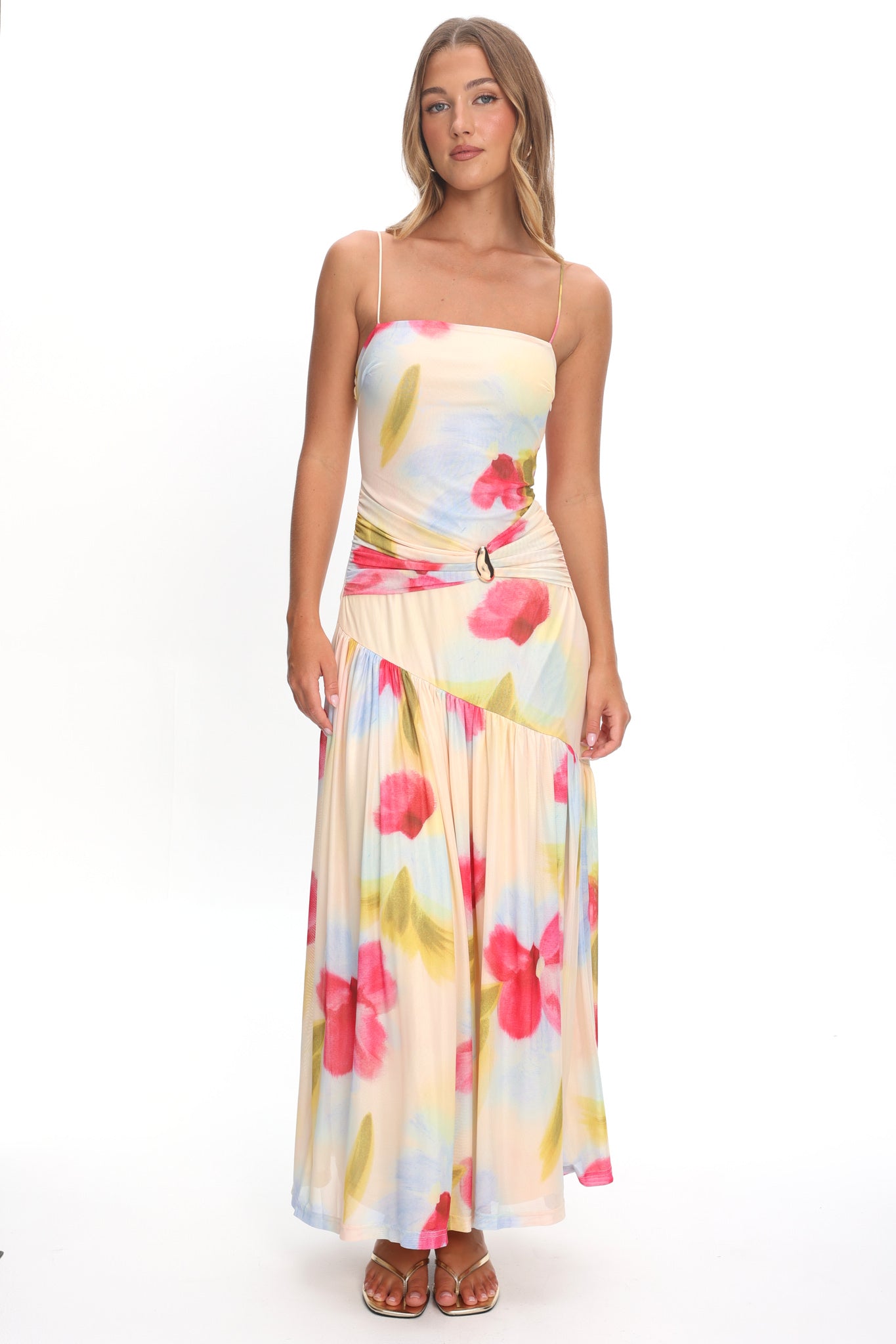 Azure Sun Drop Waist Split Maxi Dress Floral by Selfie Leslie