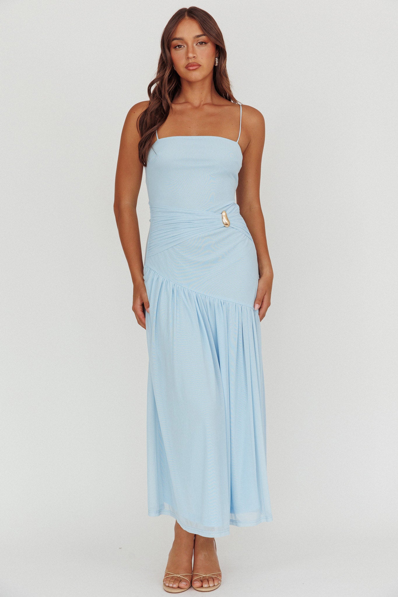 Azure Sun Drop Waist Split Maxi Dress Light Blue by Selfie Leslie