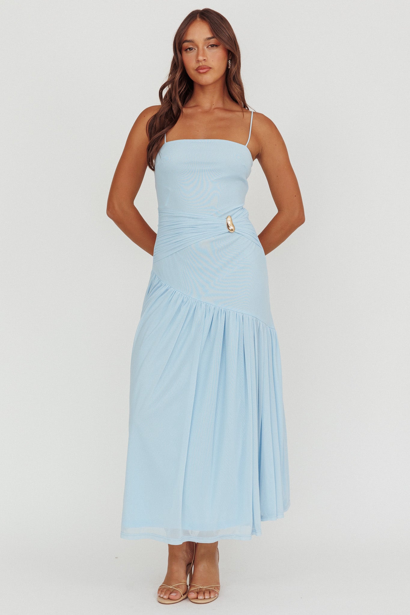 Azure Sun Drop Waist Split Maxi Dress Light Blue by Selfie Leslie