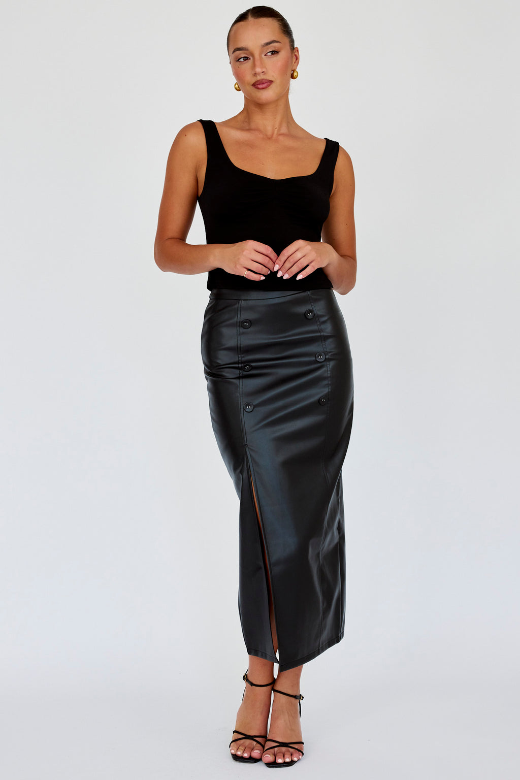 Kane Faux Leather Midi Skirt Black by Selfie Leslie