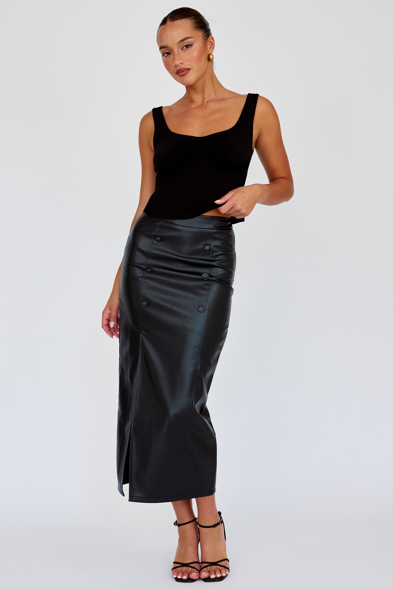 Kane Faux Leather Midi Skirt Black by Selfie Leslie