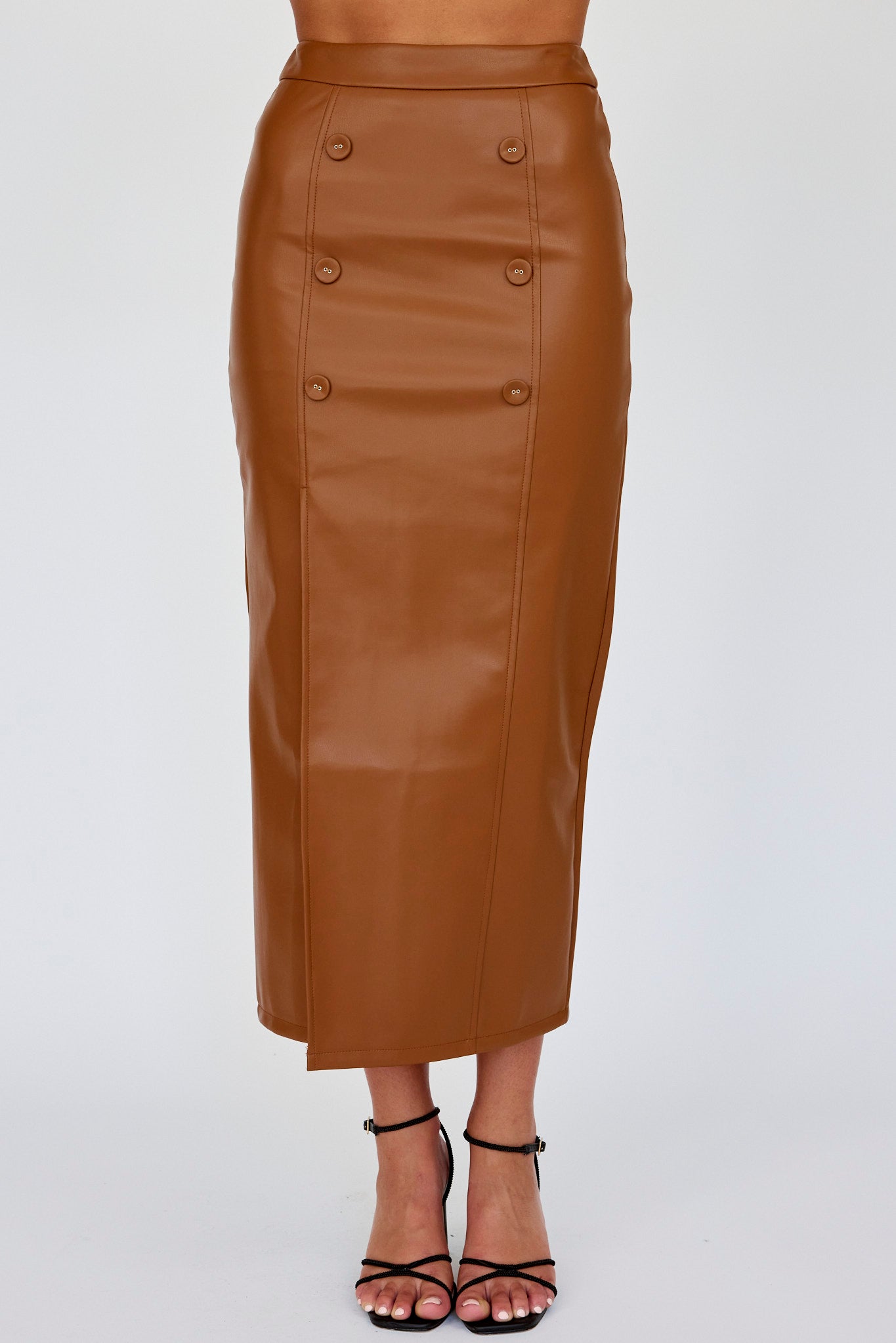Kane Faux Leather Midi Skirt Brown by Selfie Leslie