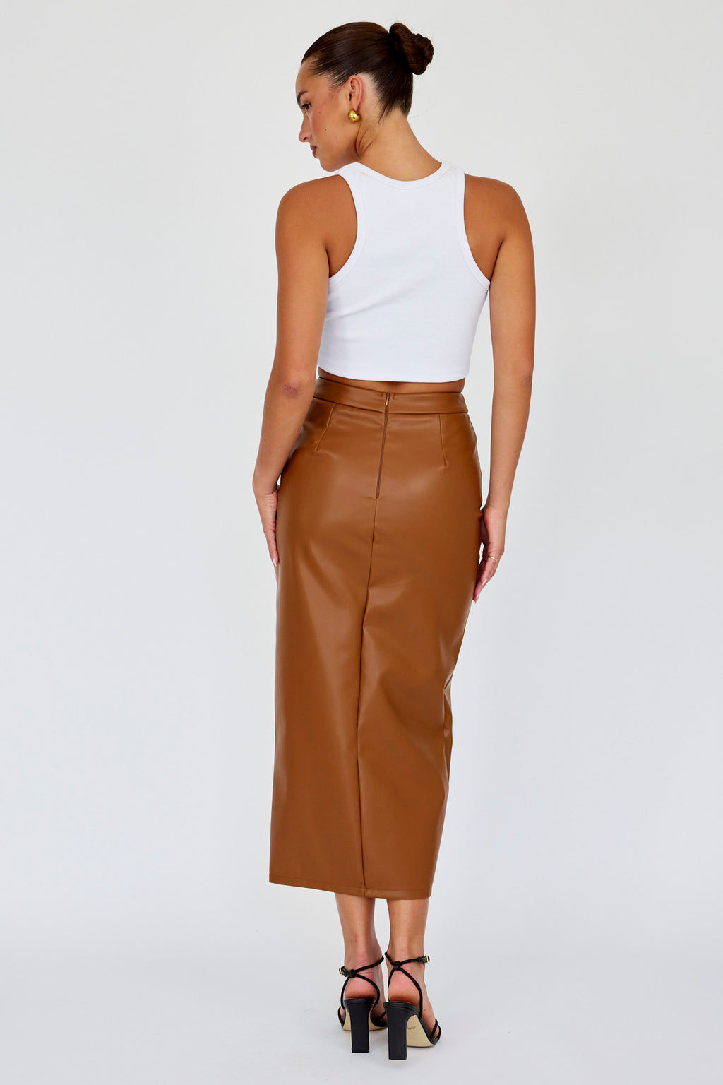 Kane Faux Leather Midi Skirt Brown by Selfie Leslie