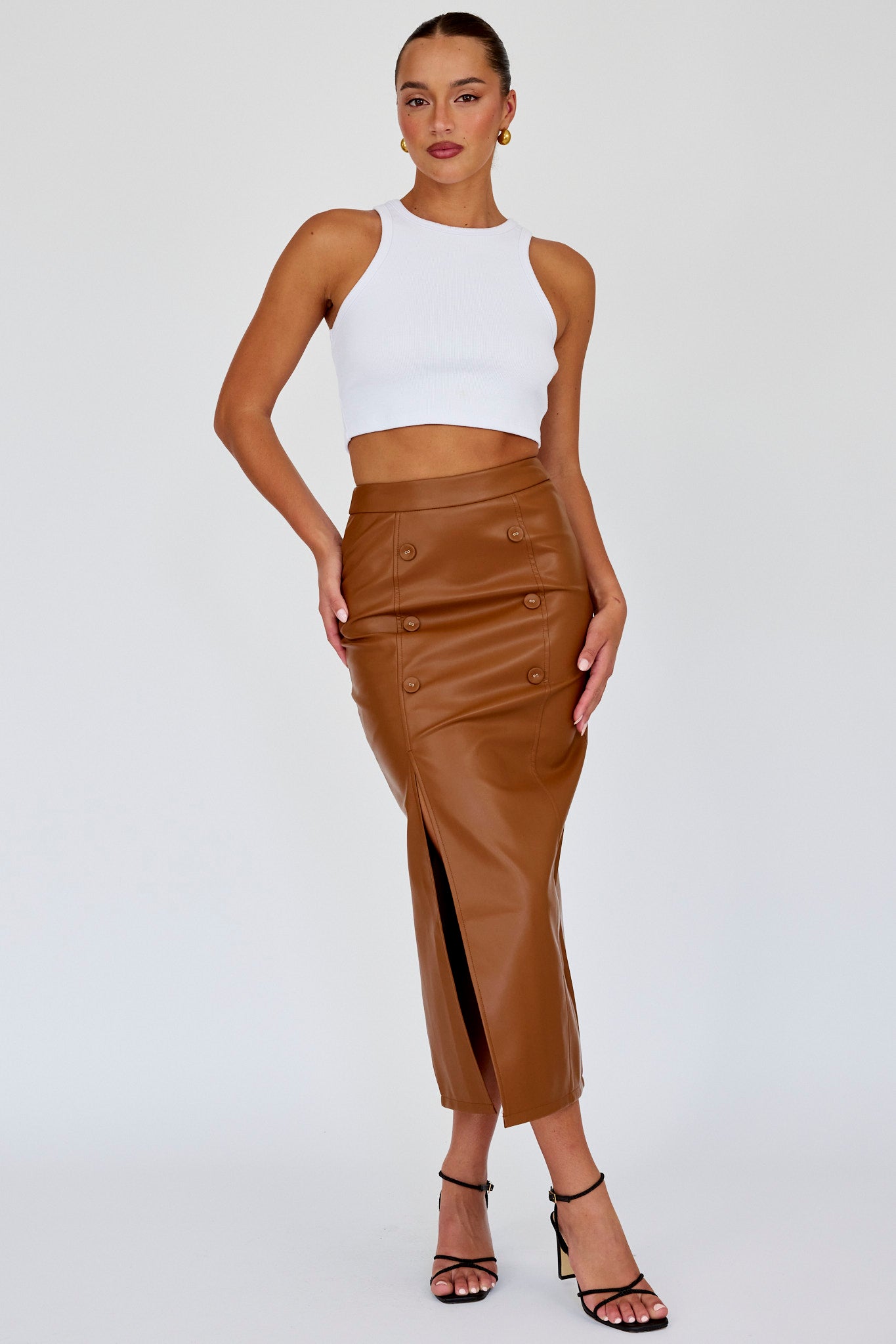Kane Faux Leather Midi Skirt Brown by Selfie Leslie