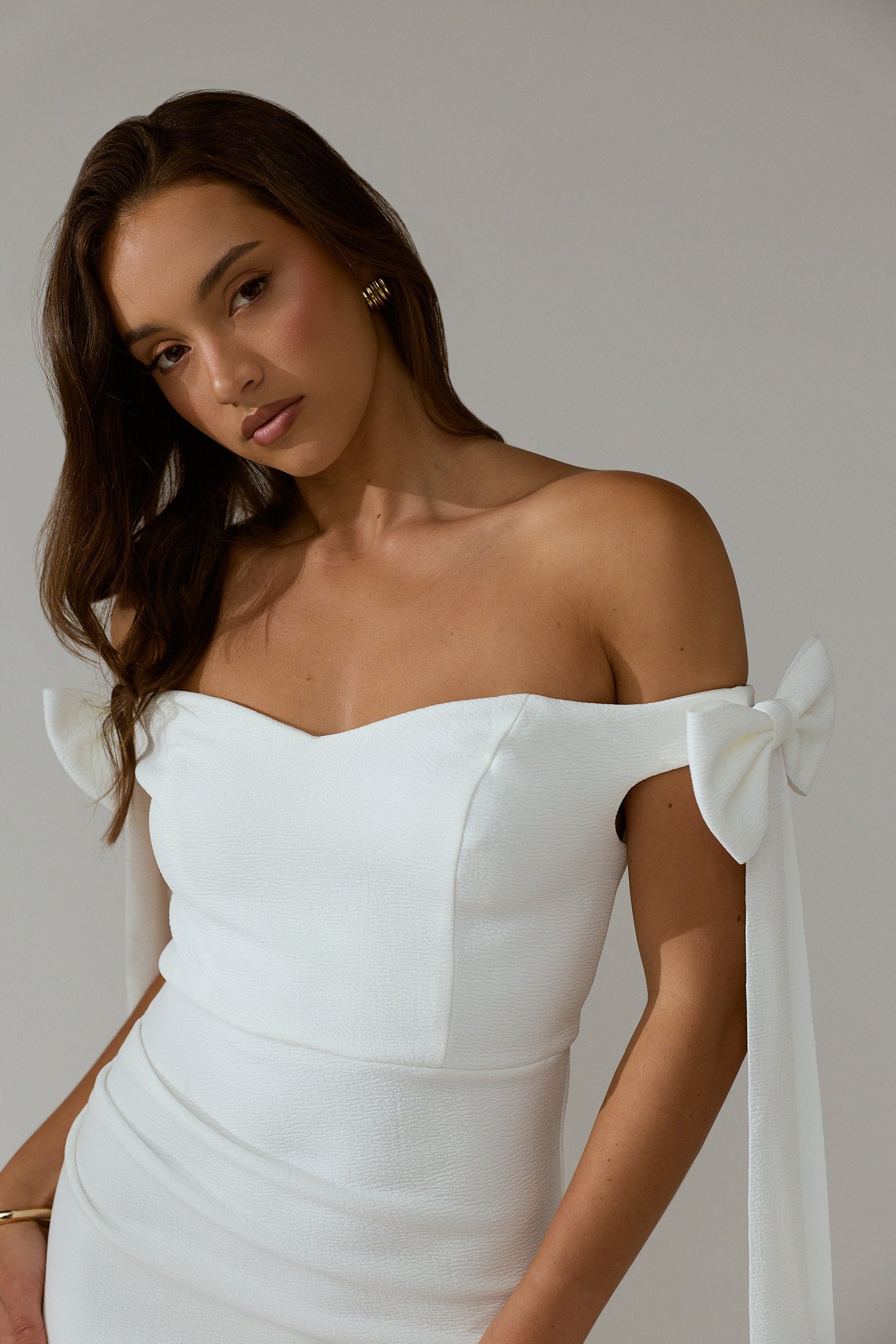 off shoulder bow dress Have Faith Off-Shoulder Bow Sleeve Maxi Dress White