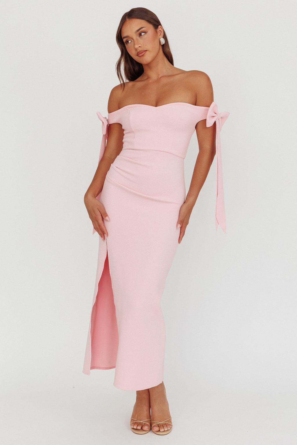 Have Faith Off-Shoulder Bow Sleeve Maxi Dress Baby Pink by Selfie Leslie
