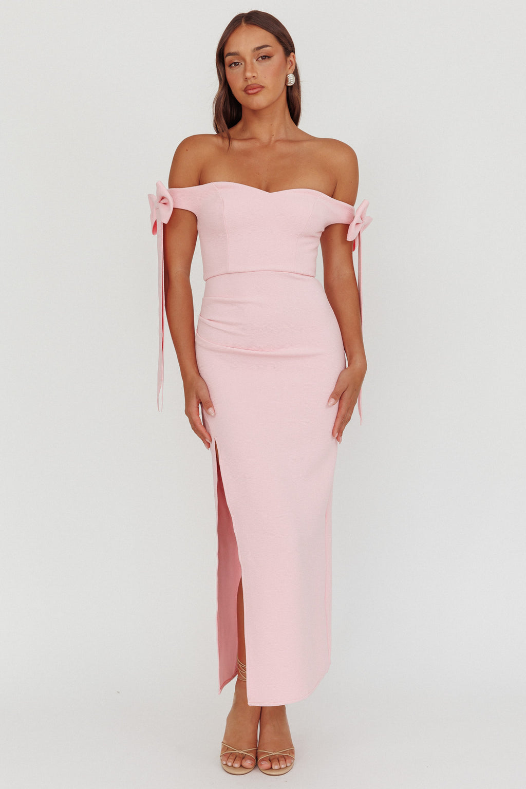 Have Faith Off-Shoulder Bow Sleeve Maxi Dress Baby Pink by Selfie Leslie