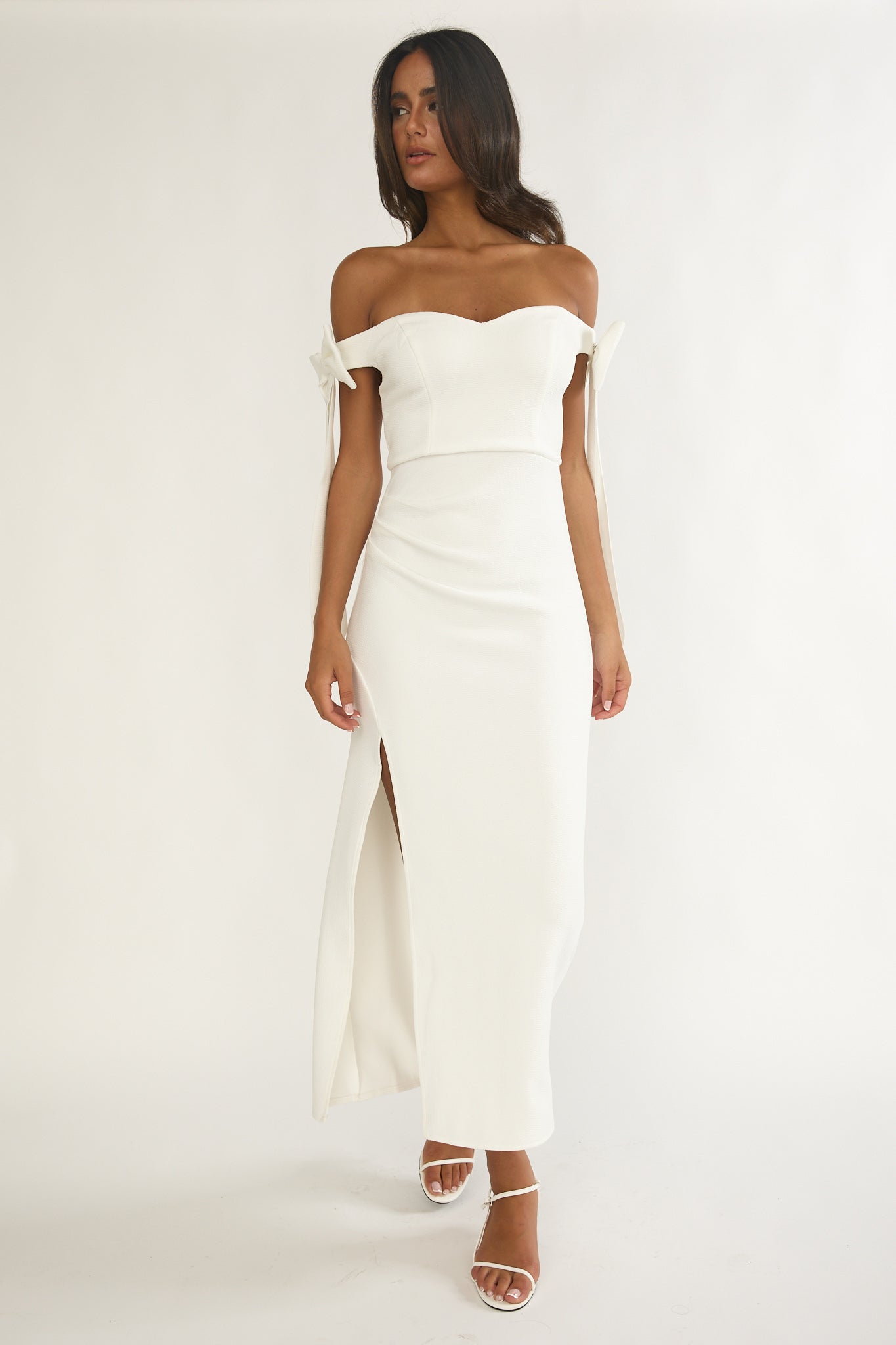 Have Faith Off-Shoulder Bow Sleeve Maxi Dress White by Selfie Leslie