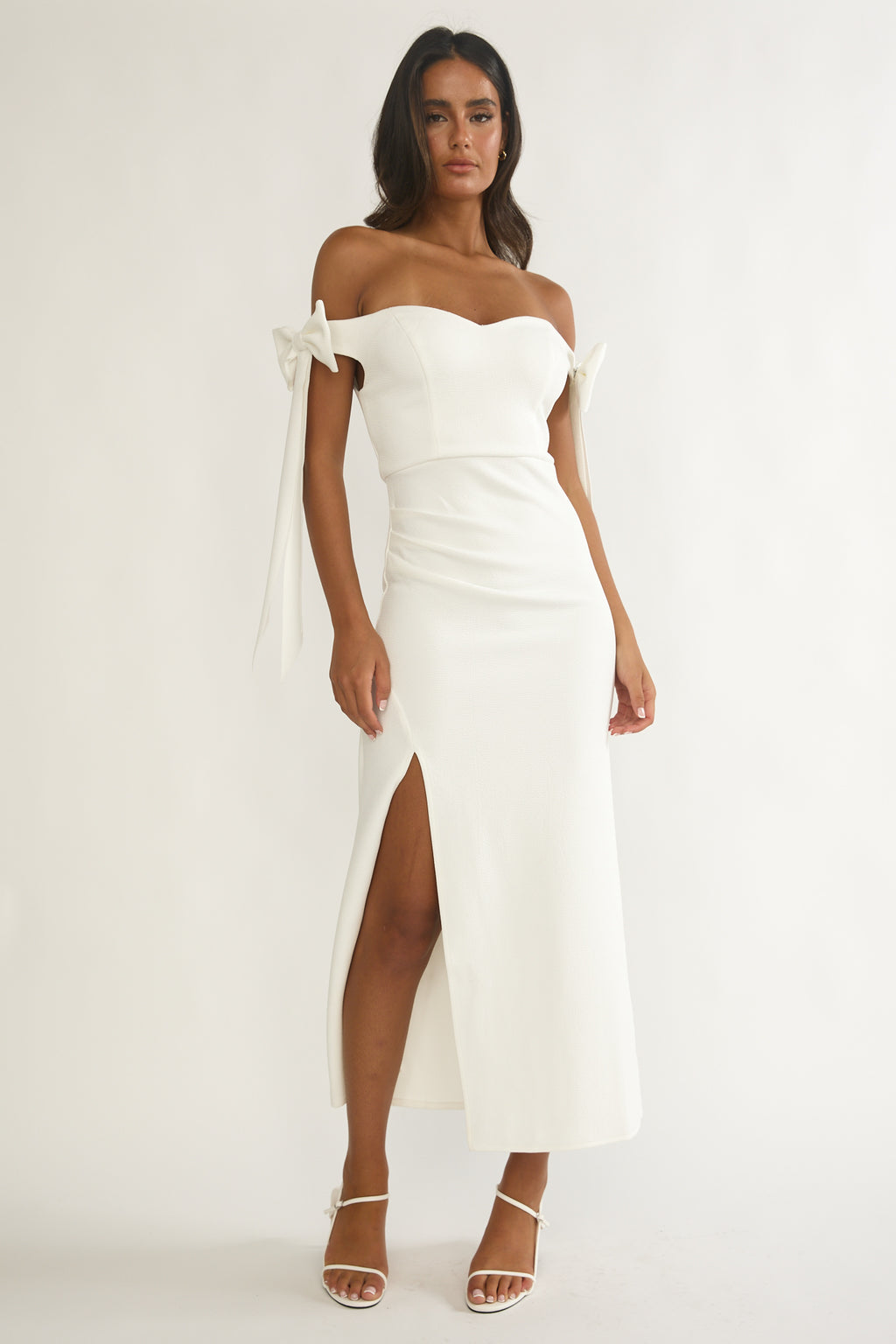 Have Faith Off-Shoulder Bow Sleeve Maxi Dress White by Selfie Leslie
