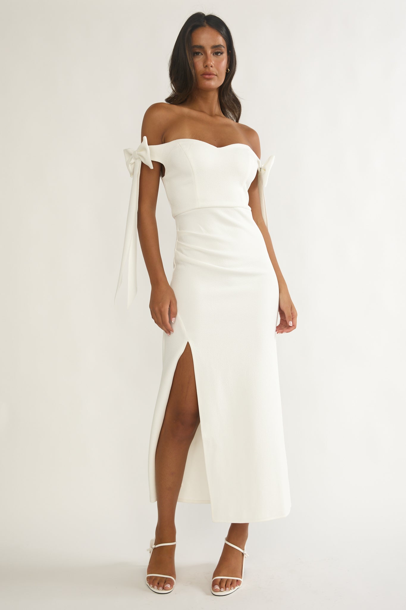 Have Faith Off-Shoulder Bow Sleeve Maxi Dress White by Selfie Leslie