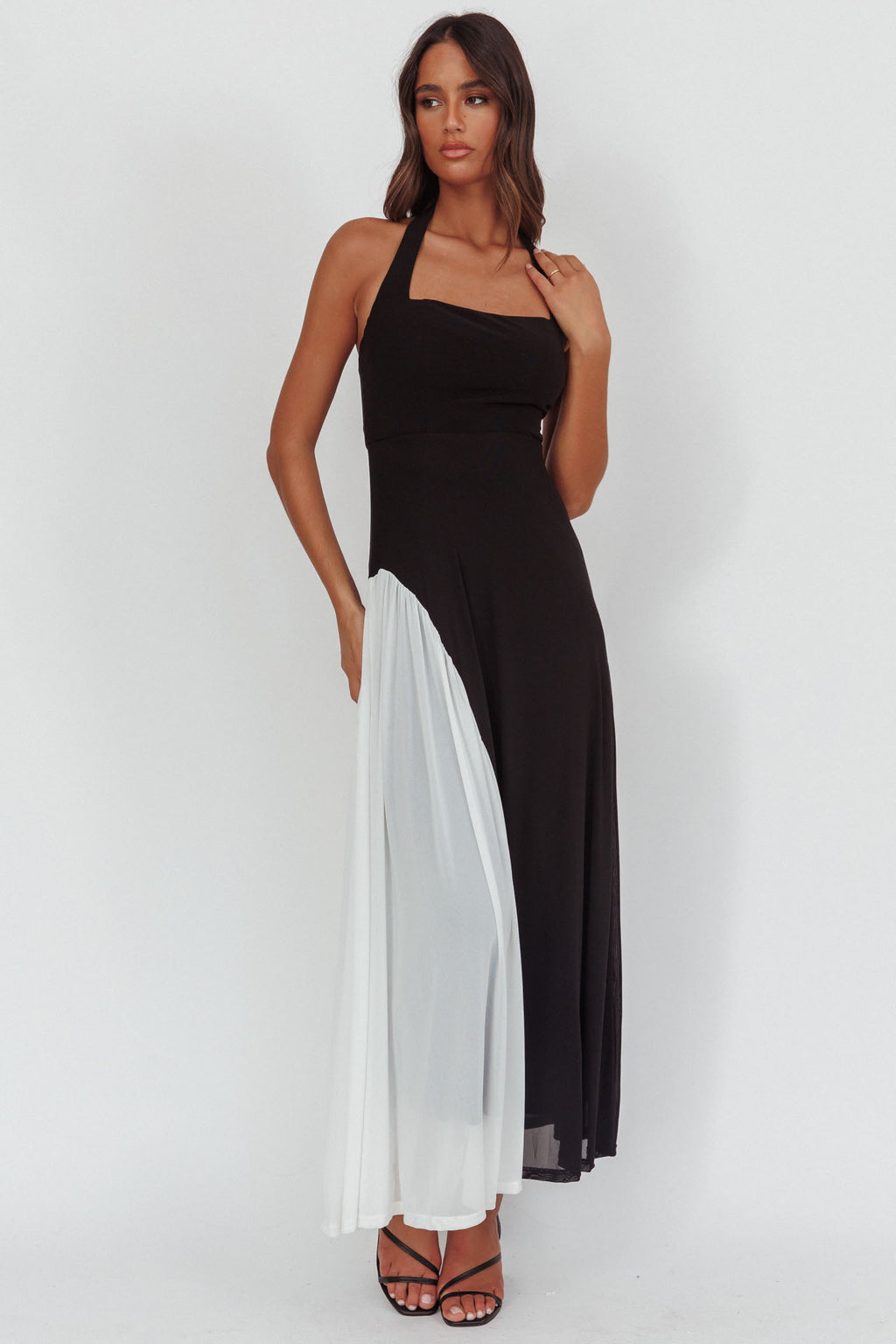 Lira Contrast Halter Maxi Dress Black White by Selfie Leslie