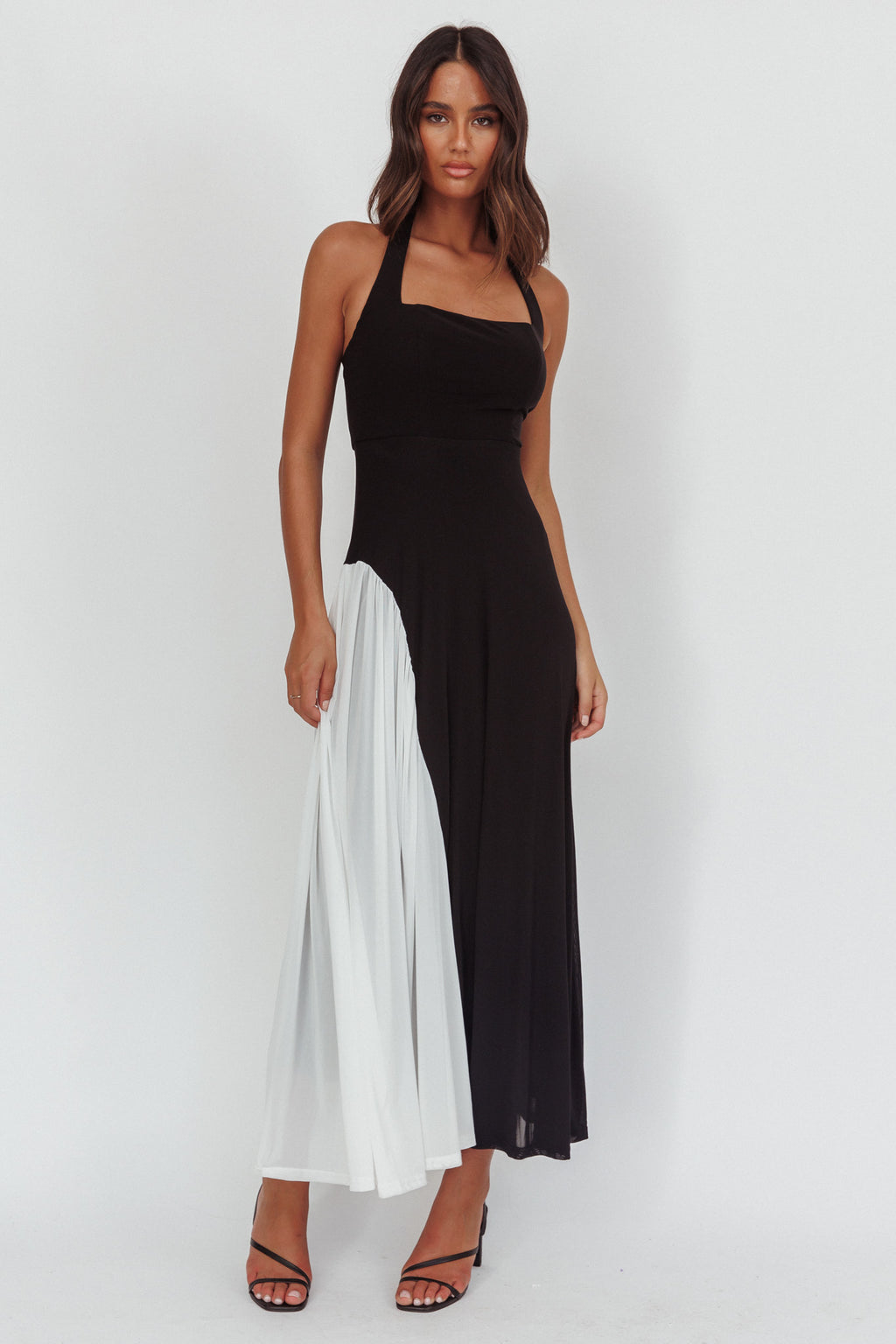 Lira Contrast Halter Maxi Dress Black White by Selfie Leslie