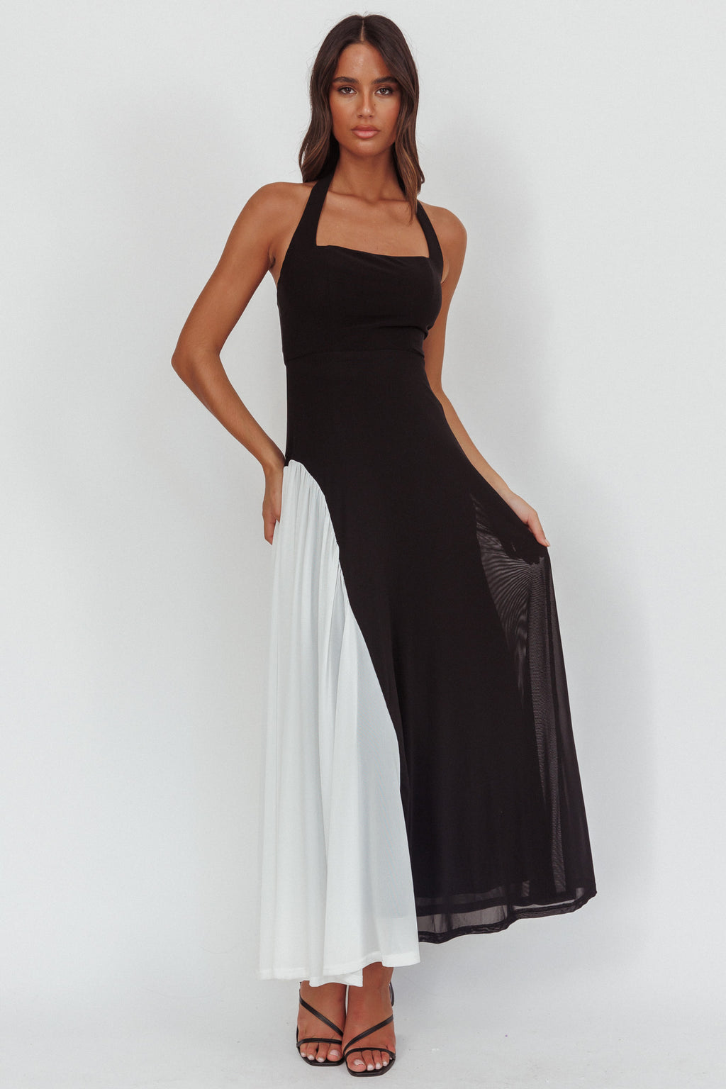 Lira Contrast Halter Maxi Dress Black White by Selfie Leslie